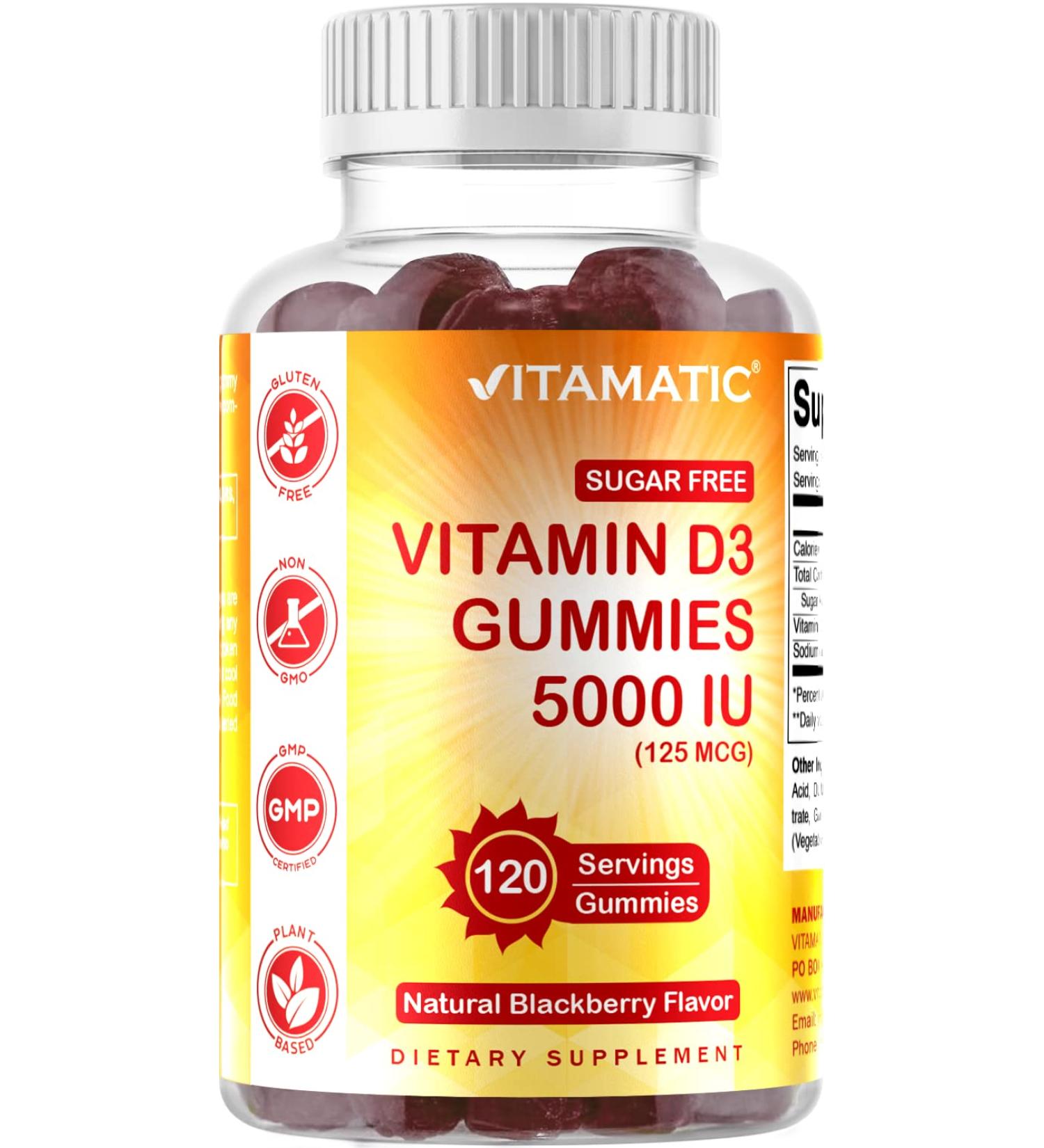 Vitamatic Sugar Free Vitamin D3 5000 IU Gummies - 120 Pectin Based - Healthy Bones & Immune Support - Non-GMO - 120 Servings - Buy Online on GoSupps.com