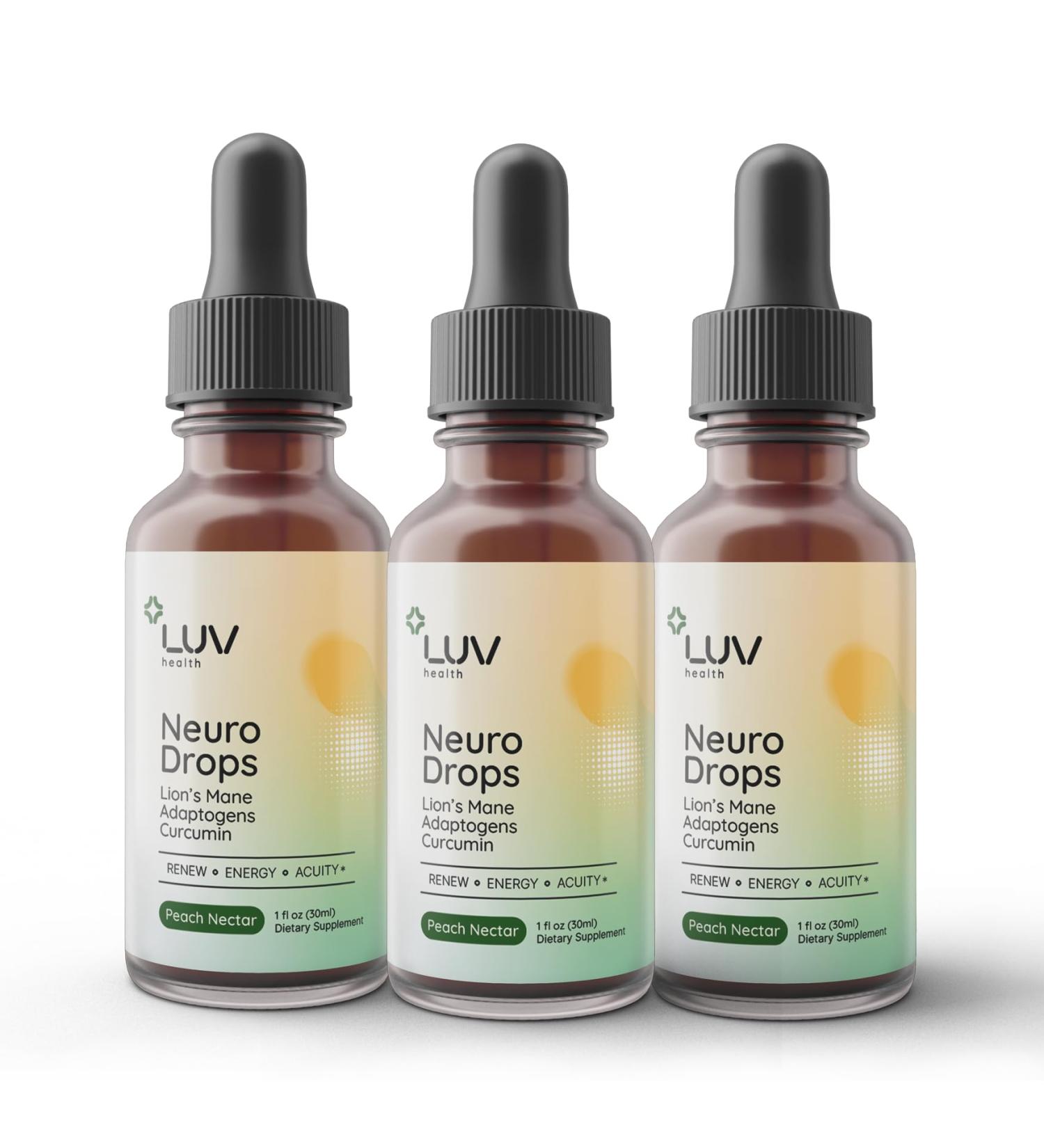 LUV health Neuro Drops Nerve Pain Support & Joint Comfort with Lion s Mane Curcumin Cordyceps & Reishi Organic Adaptogens Vegan Non-GMO Made in USA- 3-Pack 90 Servings - Buy Online on GoSupps.com