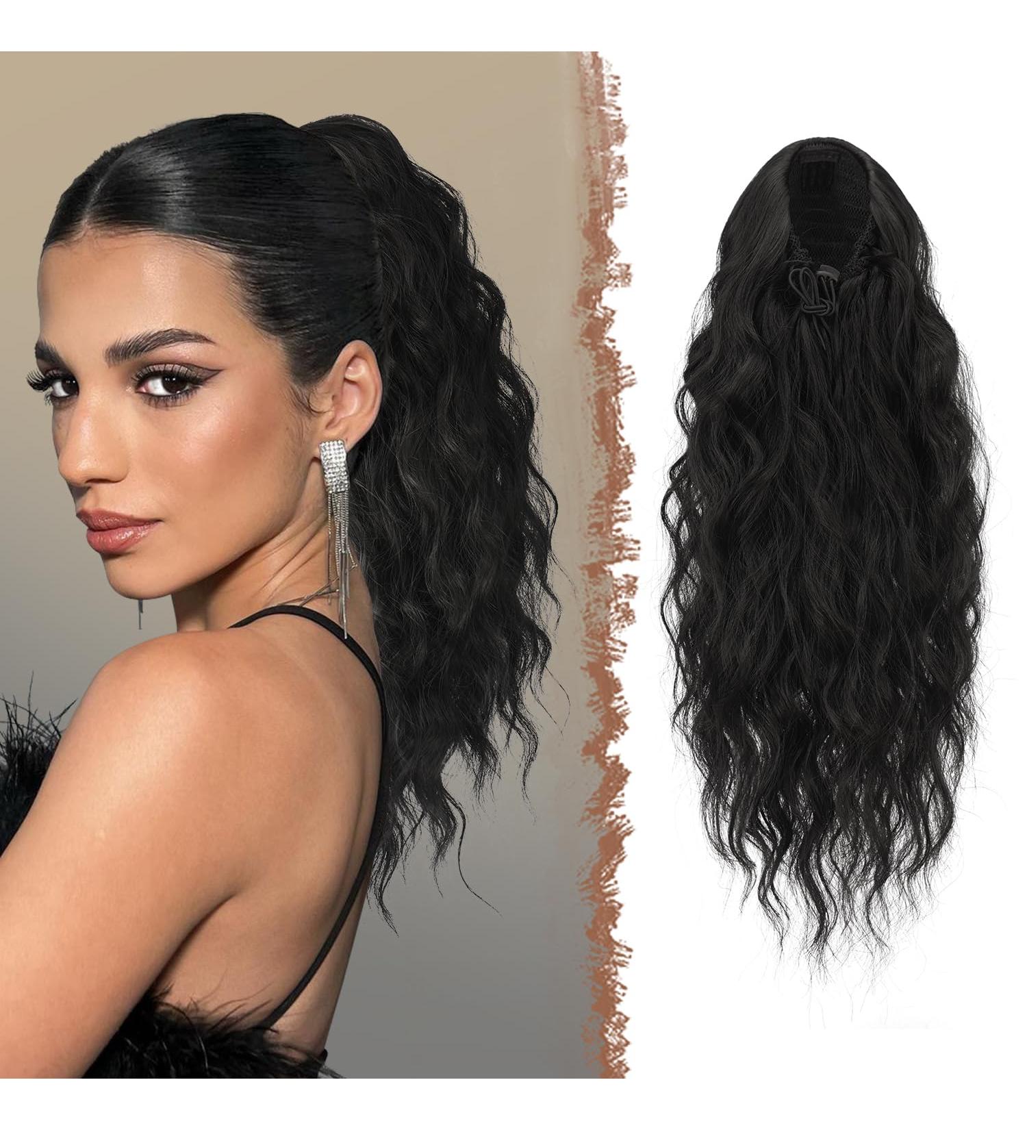 Feshfen 45 cm Black Ponytail Hair Extension - Wavy Clip-In Braid for Women - Synthetic Long Waves - Buy Online on GoSupps.com