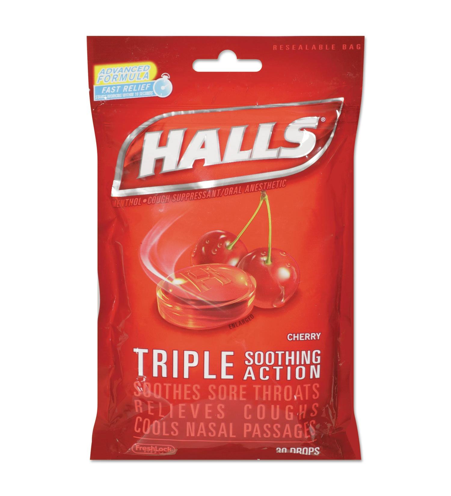 HALLS 27499 Triple Action Cough Drops Cherry 30/Bag