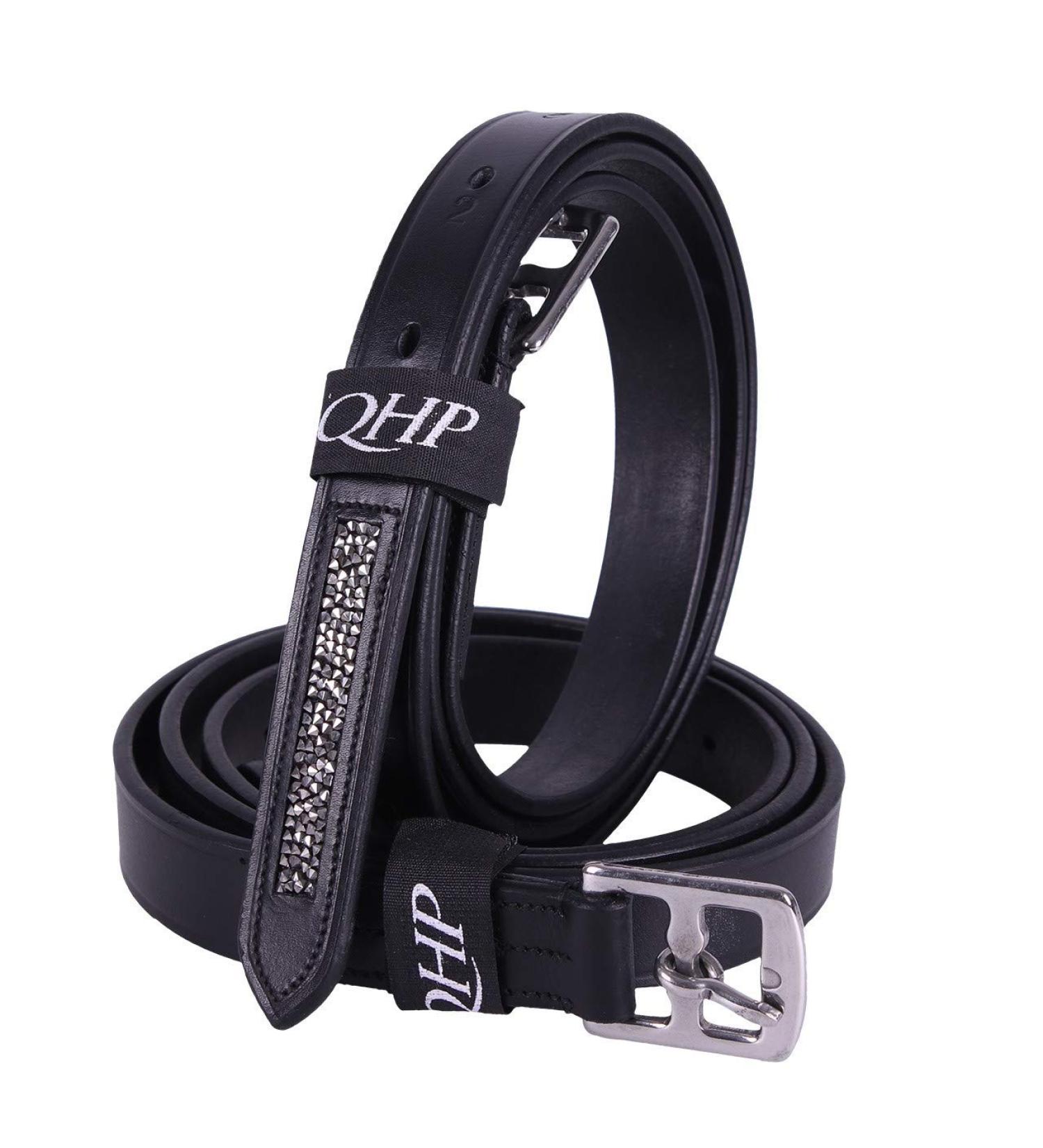 QHP stirrup leathers Lupine made of black leather with rhinestones at the end (150 cm)