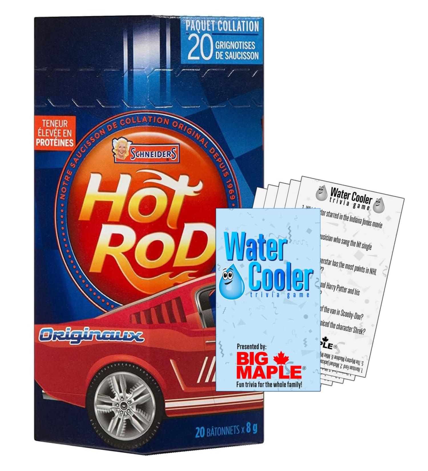 Hot Rod Sausage Snacks Bundle. Includes (1) Package of Schneiders Hot Rod Sausage Snacks Original Flavour (20 total individual sticks) with Water Cooler Trivia Game by BIG MAPLE to Enjoy with your Snack - Buy Online on GoSupps.com