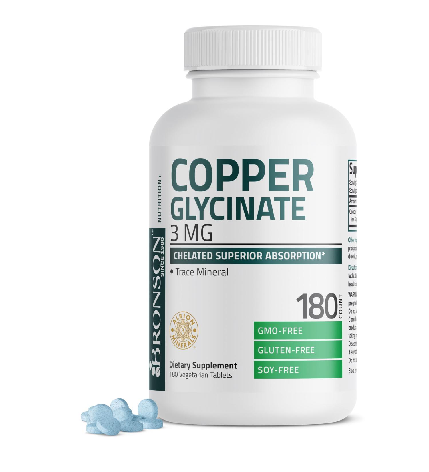 Bronson Copper Glycinate 3mg Chelated Superior Absorption Non-GMO, 180 Vegetarian Tablets - Buy Online on GoSupps.com