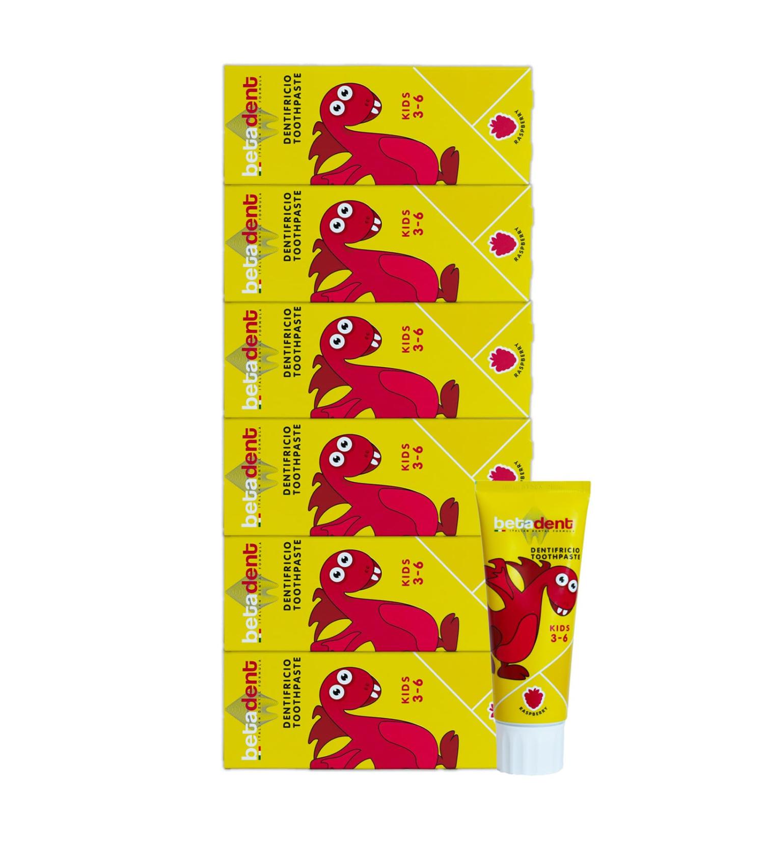  BETADENT Betadent KIT 6 KIDS TOOTHPASTE FOR CHILDREN 3-6 YEARS OLD Raspberry Flavor Anti-plaque and anti-cavity action Balanced fluoride salt dosage at a concentration of 430 ppm F. 6 x 75 ml - Buy Online on GoSupps.com