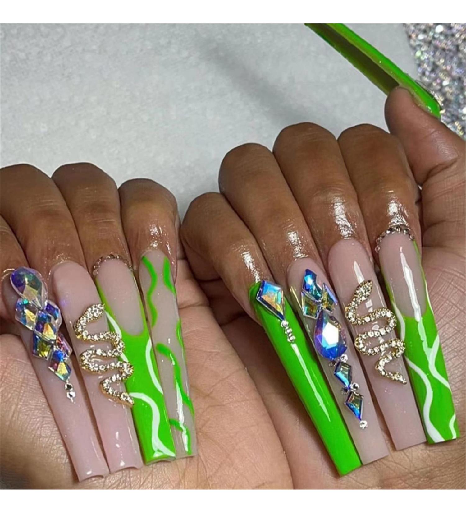 VOTACOS Long Coffin Fake Nails Nude with Gem Snake Design - Glossy Stick on Nails for Women - Buy Online on GoSupps.com
