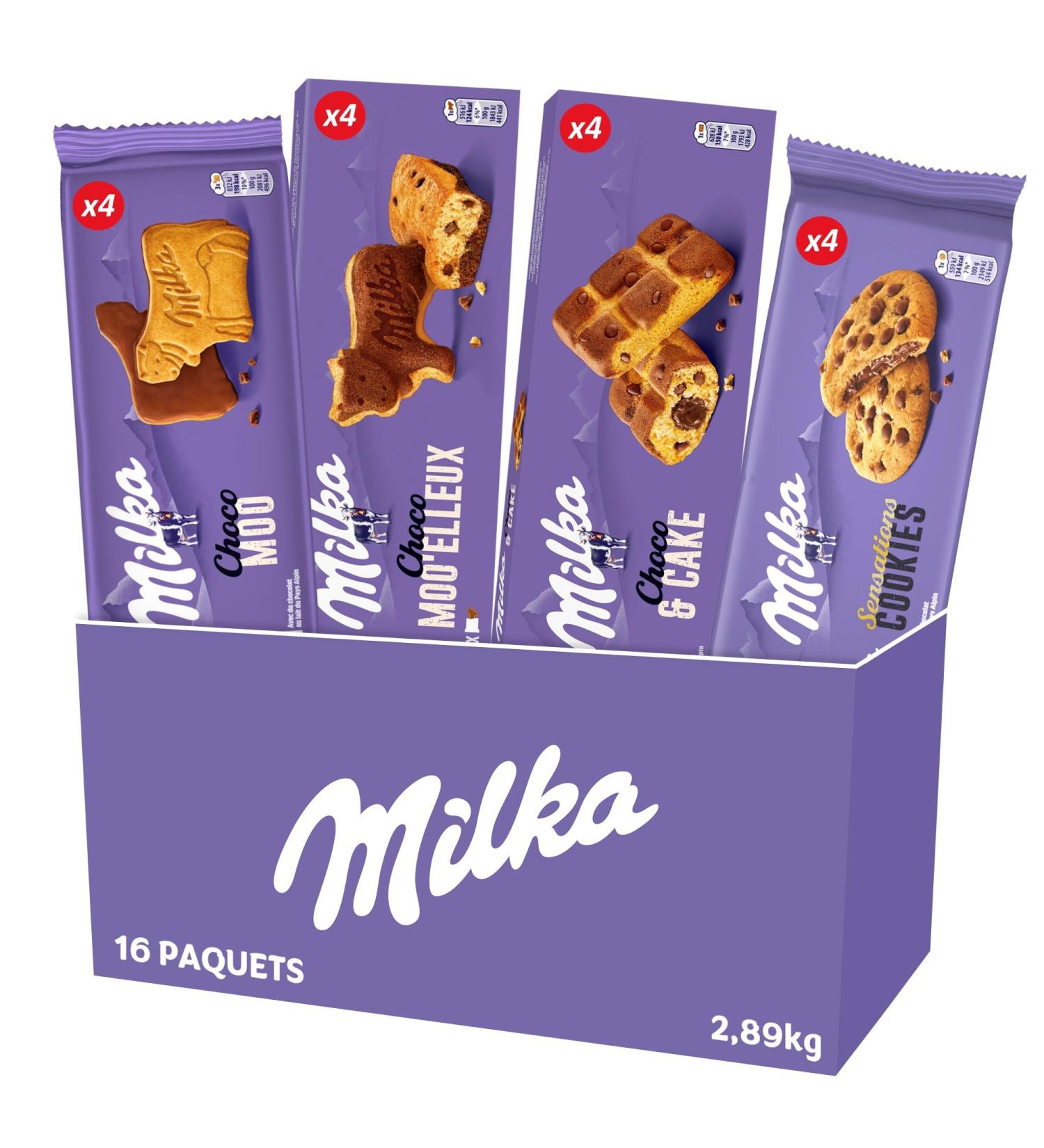 Milka - La Grande Bo te Milka - Assortiment de G teaux et Biscuits au Chocolat au Lait : Milka Choco Moo'elleux (x4) Cookies Sensations (x4) Choco & Cake (x4) Choco Moo (x4) - Lot de 2 89kg - Buy Online on GoSupps.com