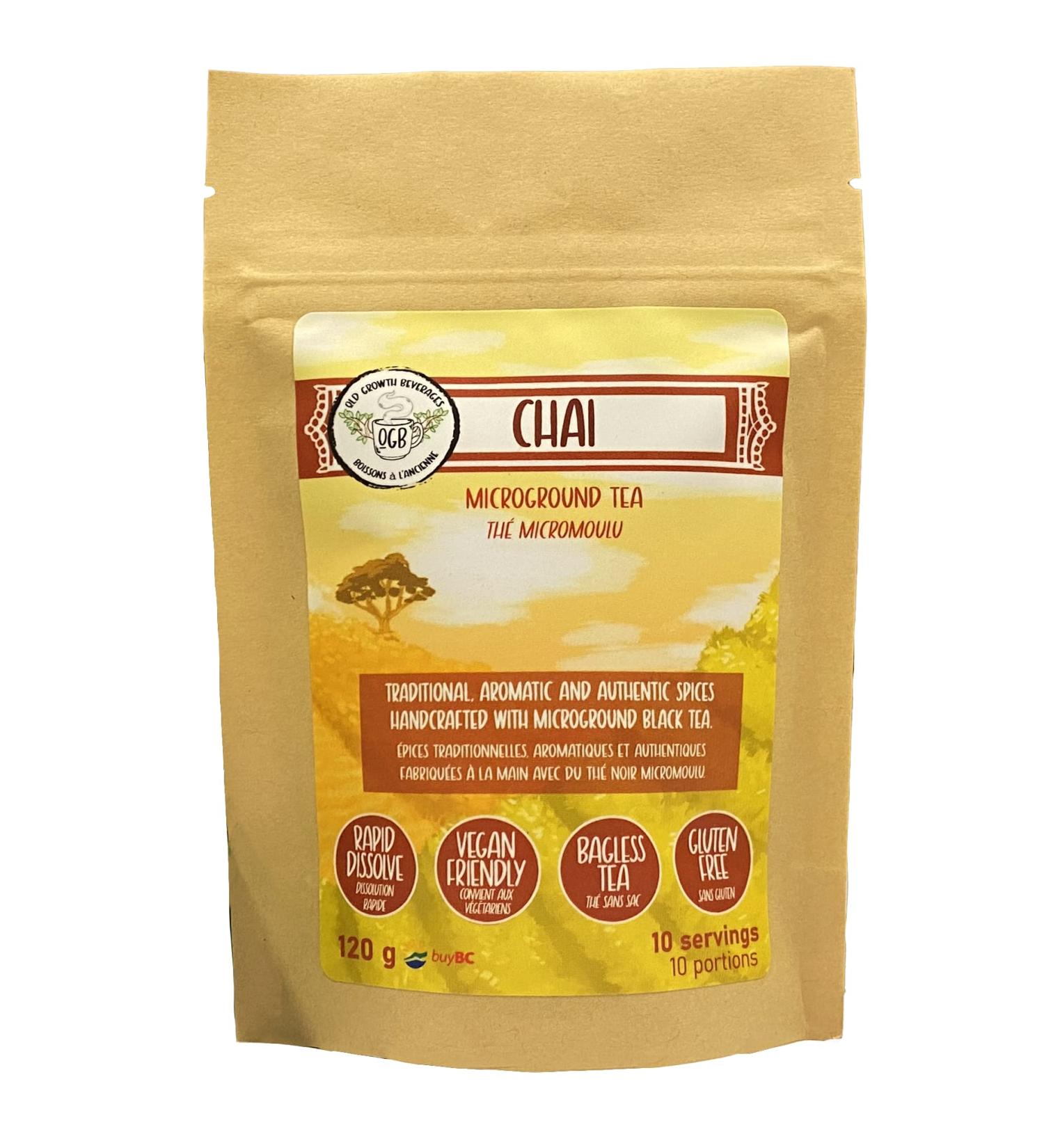 Old Growth Beverages Micro-Ground Chai Black Tea Aromatic and Authentic Rapid Dissolve Instant Tea Powder 120g (10 servings)