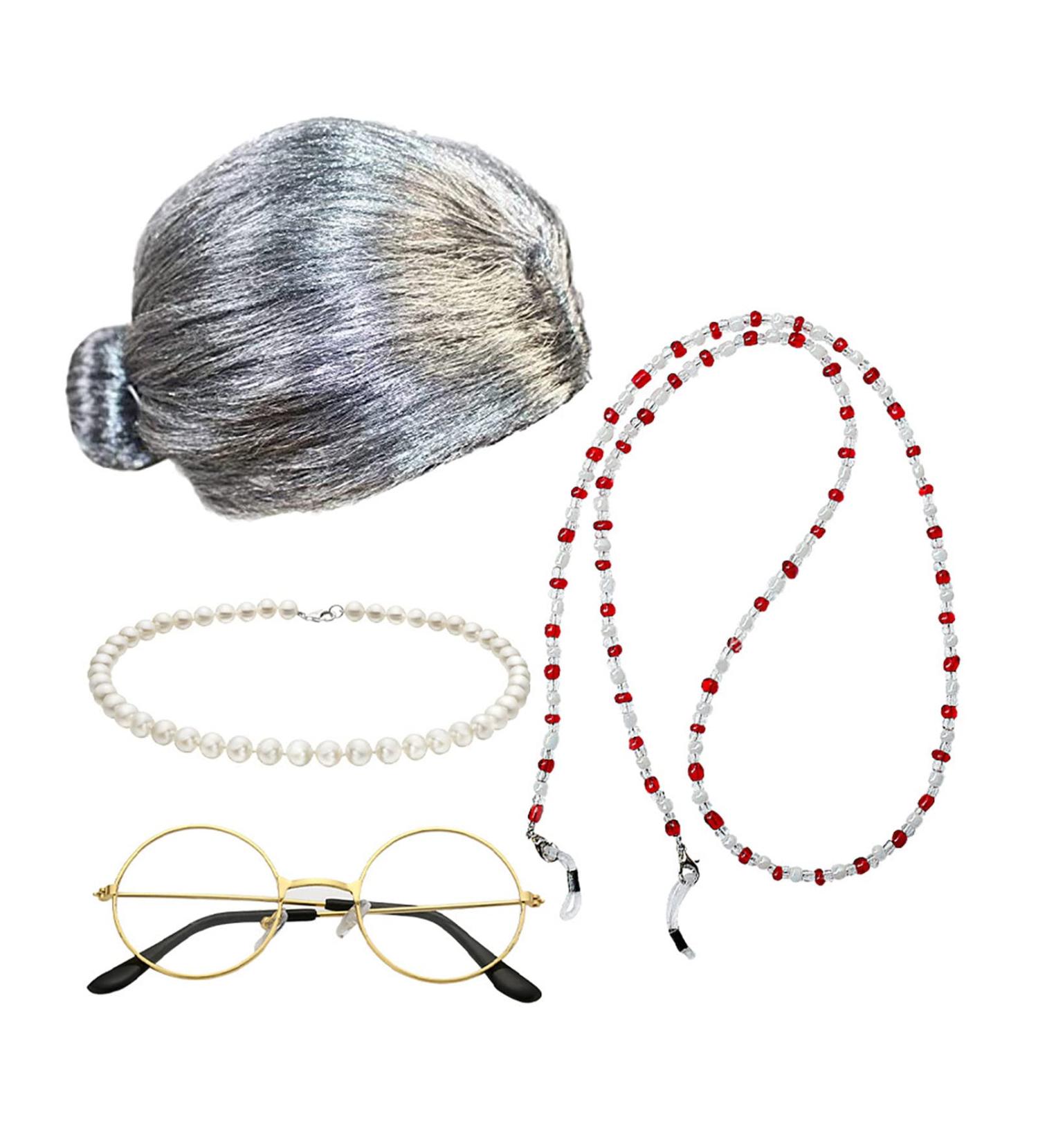Small Hair Clip Granny Wig Granny Cosplay Wig Granny Ladies Costume Granny Wig Glasses Chain Glasses Pearl Necklace (4pcs) Wigs for Women Lace Front One Size Silver - Buy Online on GoSupps.com