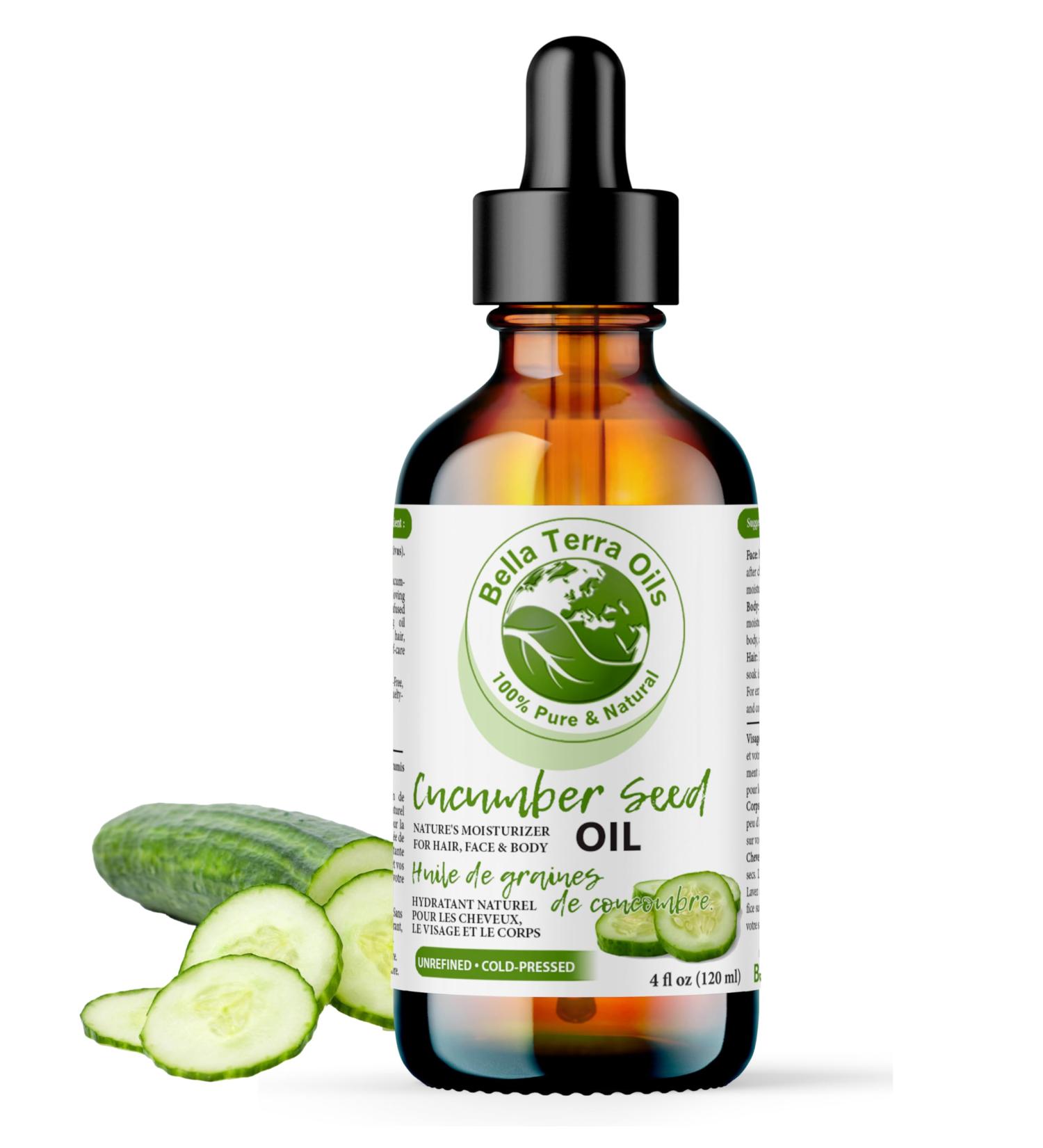 Cucumber Seed Oil. 120ml. 100% Pure. Cold-pressed. Unrefined. Organic. Carrier Base Oil. Chemical-free. Promotes Skin Hydration. Lightweight. Natural Moisturizer for Hair Skin Nails Stretch Marks. Bella Terra Oils. 120 ml (Pack of 1) - Buy Online on GoSupps.com