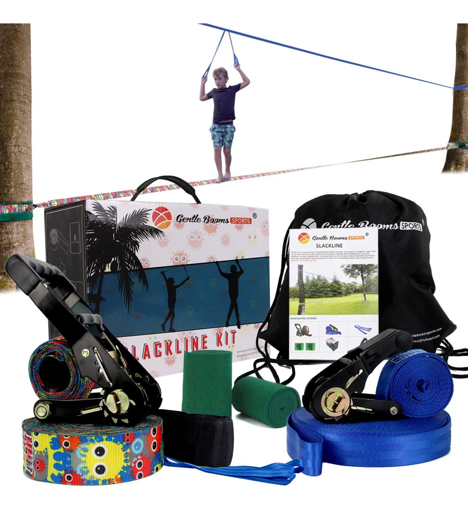 Gentle Booms Sports 250ft Slackline Kit with Tree Protectors, Carry Bag, Arm Trainer - Perfect for Ninja Warrior Backyard Outdoor Fun - Buy Online on GoSupps.com