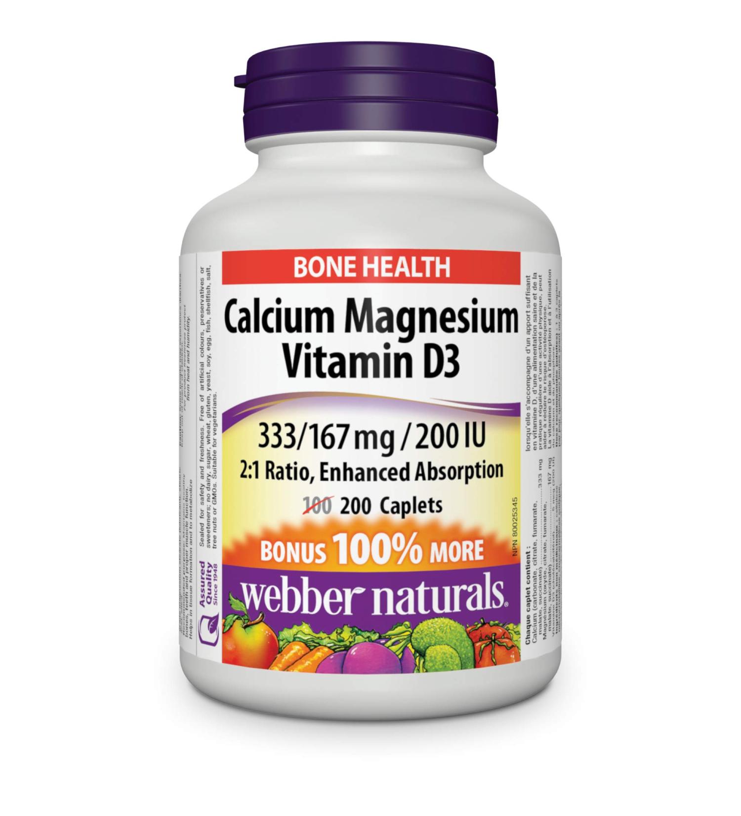 Webber Naturals Calcium with Magnesium and Vitamin D3 200 Caplets Enhanced Absorption Helps Support Bones and Teeth Vegetarian - Buy Online on GoSupps.com
