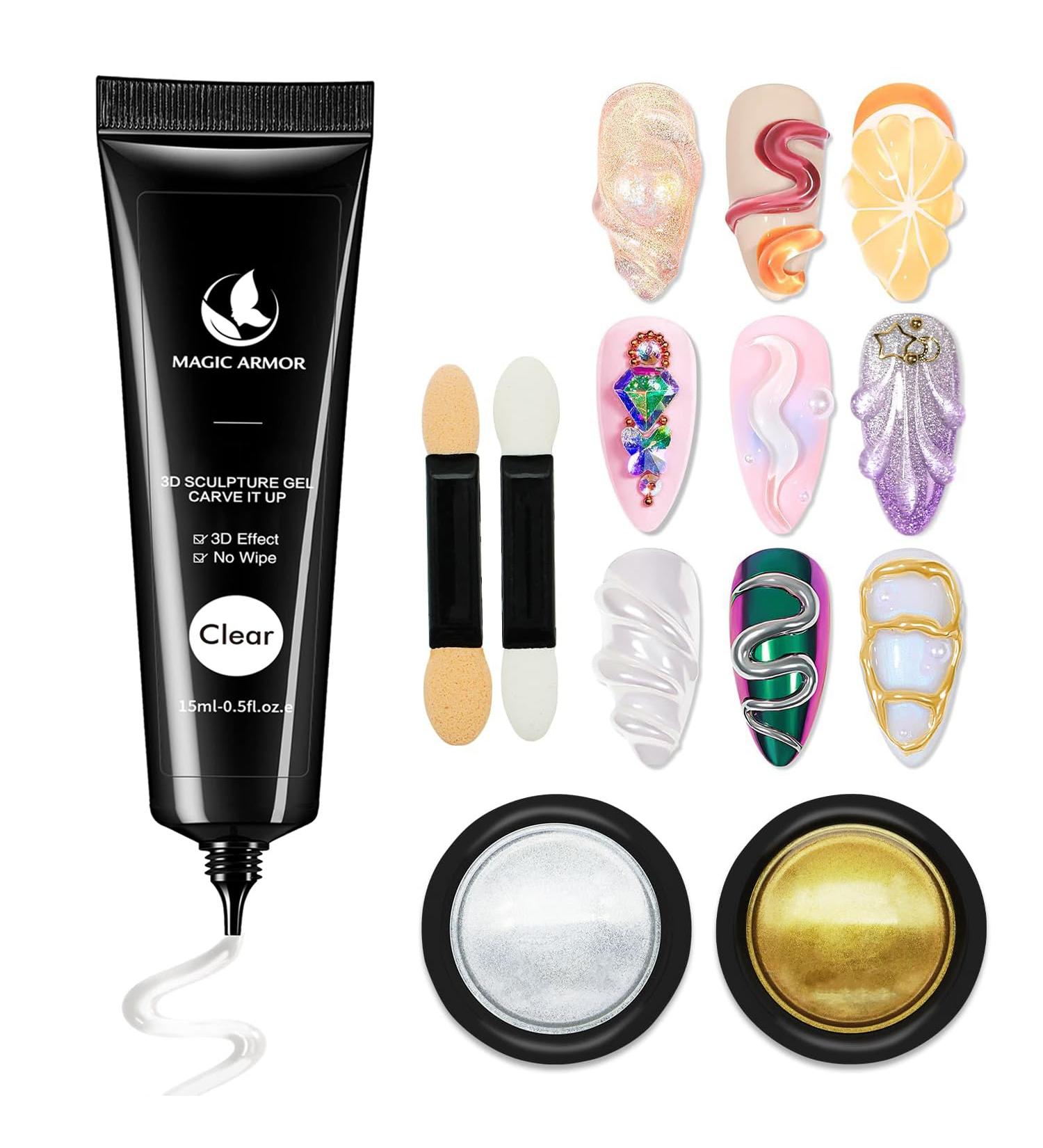  MAGIC ARMOR MAGIC ARMOR 3D Nail Art Gel 15g and Chrome Nail Powder Modeling Gel Nail Glue Builder Gel Clear Multifunctional 3D Rhinestone Glue for Nail Sculpting and Design - Buy Online on GoSupps.com