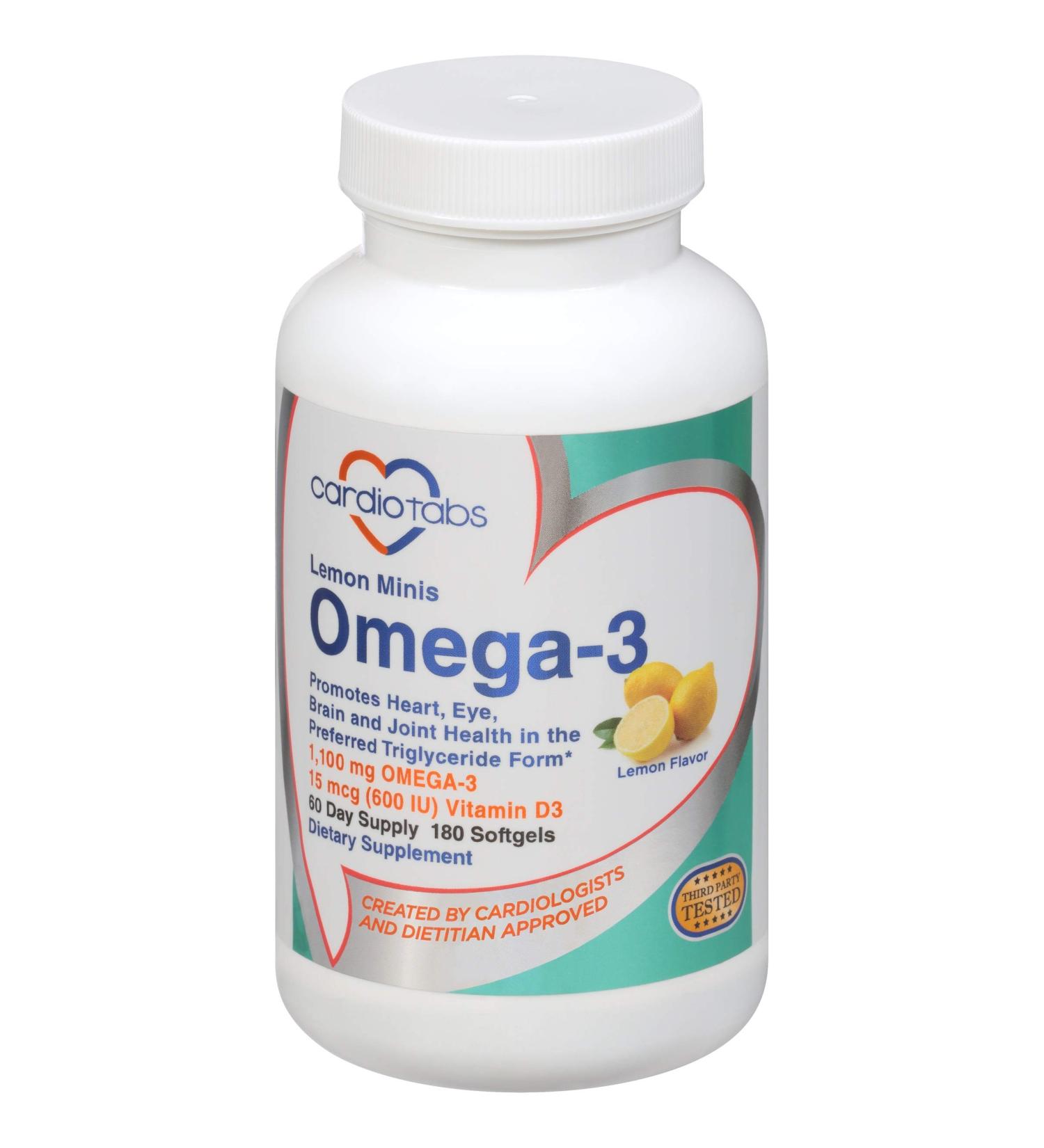 Cardiotabs Omega 3 Lemon Minis + Vitamin D3 1 100 mg Omega-3 in Triglyceride Form and 600 IU Vitamin D3 Easy-to-Swallow Fresh Lemon-Flavored Omega-3 Supplement Softgels - 180 Count - Buy Online on GoSupps.com