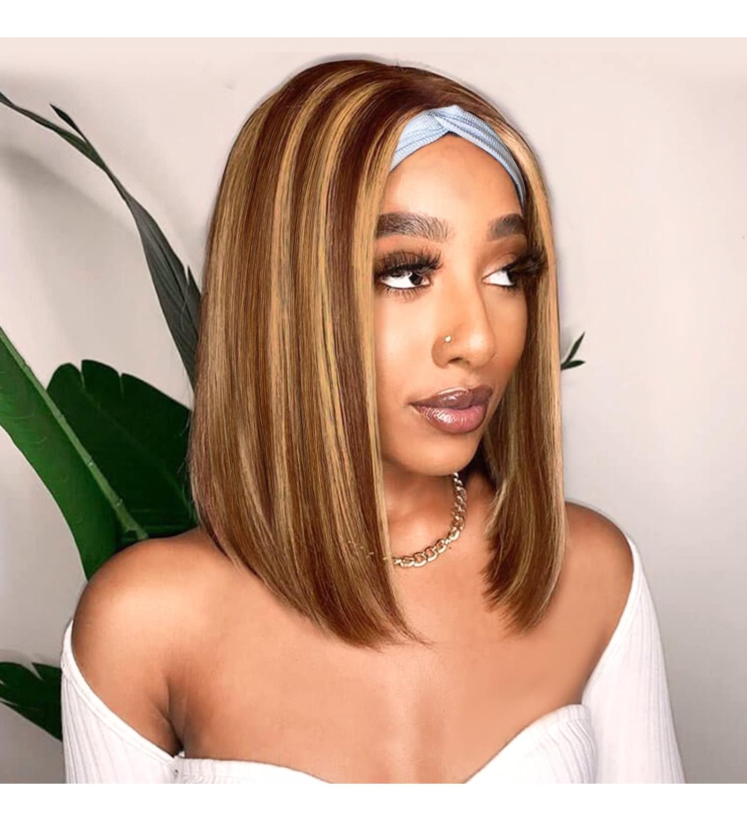 Highlight Bob Headband Wig 12 Ombre Straight Human Hair for Black Women - Brazilian Glueless 150% Density Ombre Brown Honey Blonde Headband Wig - Buy Online on GoSupps.com