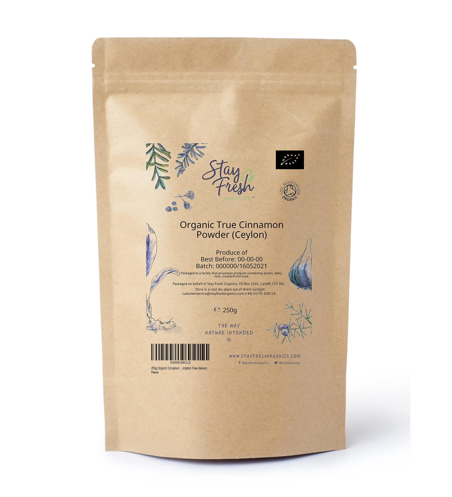 250g Organic True Cinnamon Powder (Ceylon) by Stay Fresh Organics - Eco-Friendly Pouch - Soil Association Certified - Buy Online on GoSupps.com