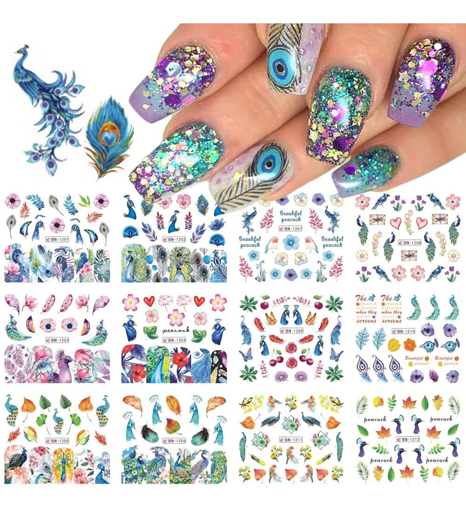 Peacock Nail Sticker Decal Set - 12 Pcs Colorful Blue Purple Leaf Flower Designs for Holiday Nail Art - DIY Nail Decoration for Women and Girls - Buy Online on GoSupps.com