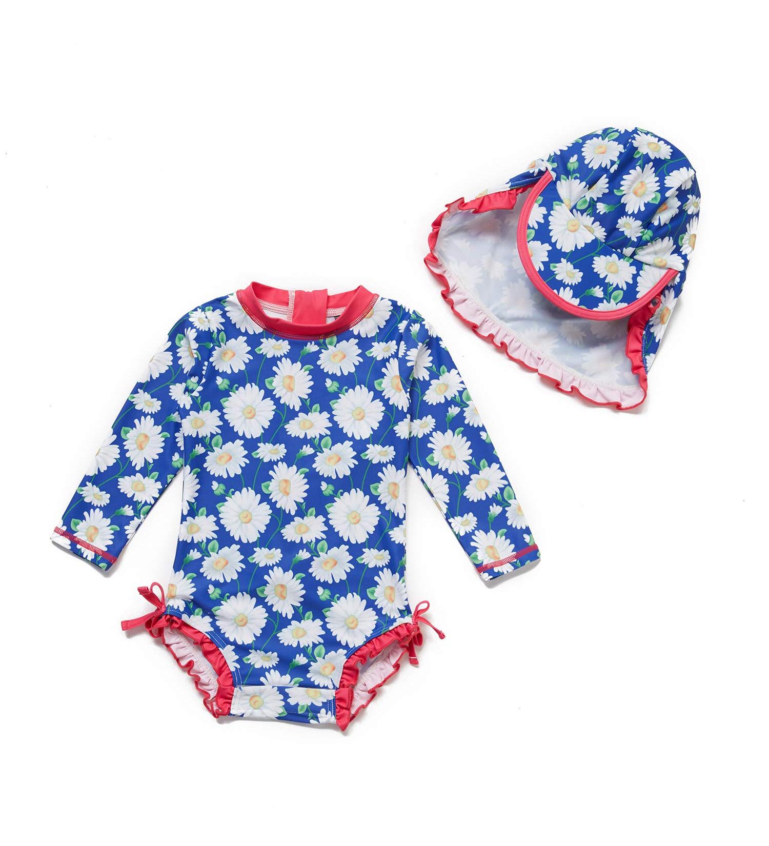 BONVERANO Baby Girls Swimsuit 9-12 Months | Long-Sleeve Zipper One Piece Swimwear | UPF 50+ Sun Protection | Daisy Pattern - Buy Online on GoSupps.com