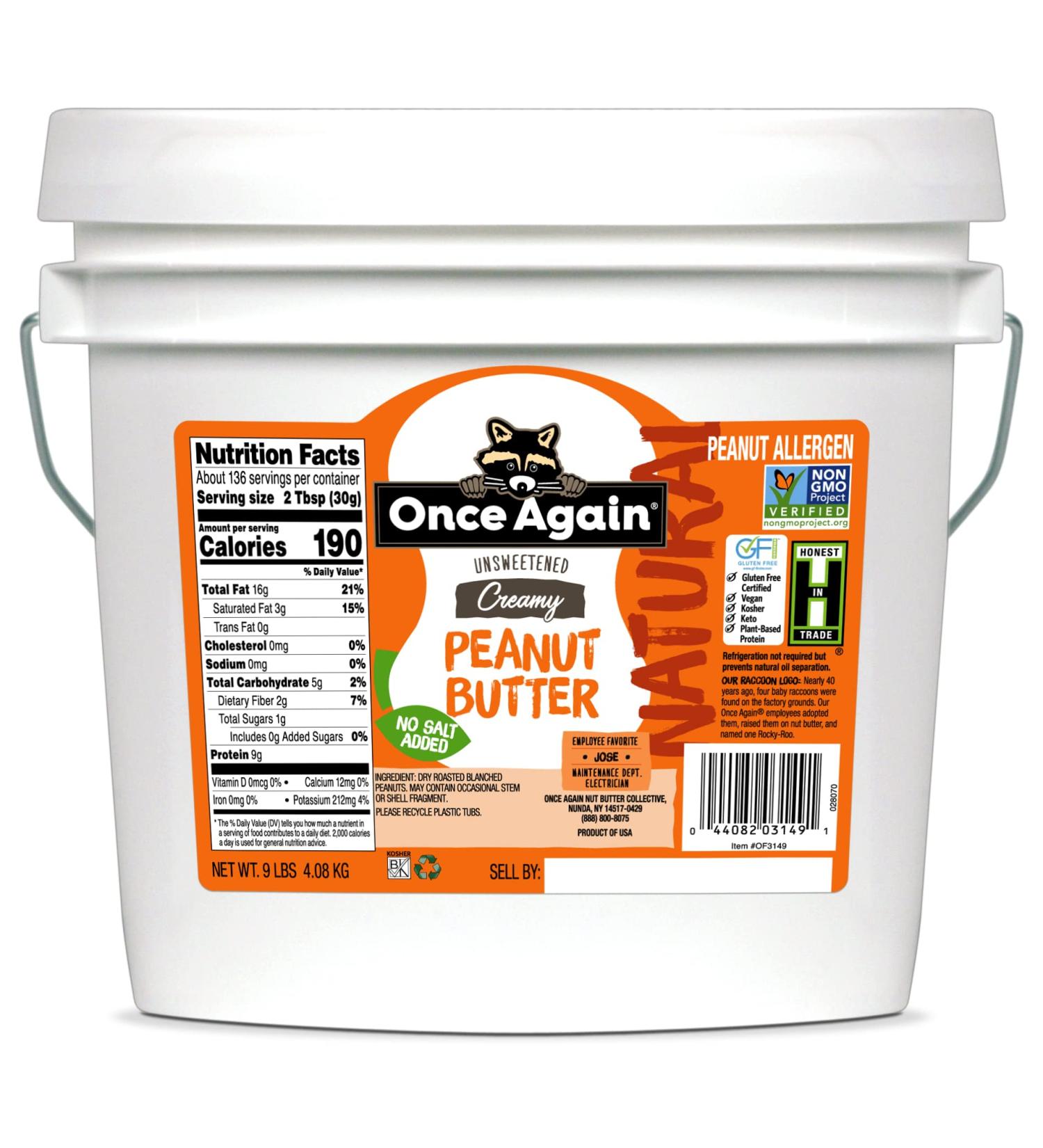 Once Again Natural Creamy Peanut Butter 9lb - Salt Free, Gluten Free, Vegan, Non-GMO - Buy Online on GoSupps.com