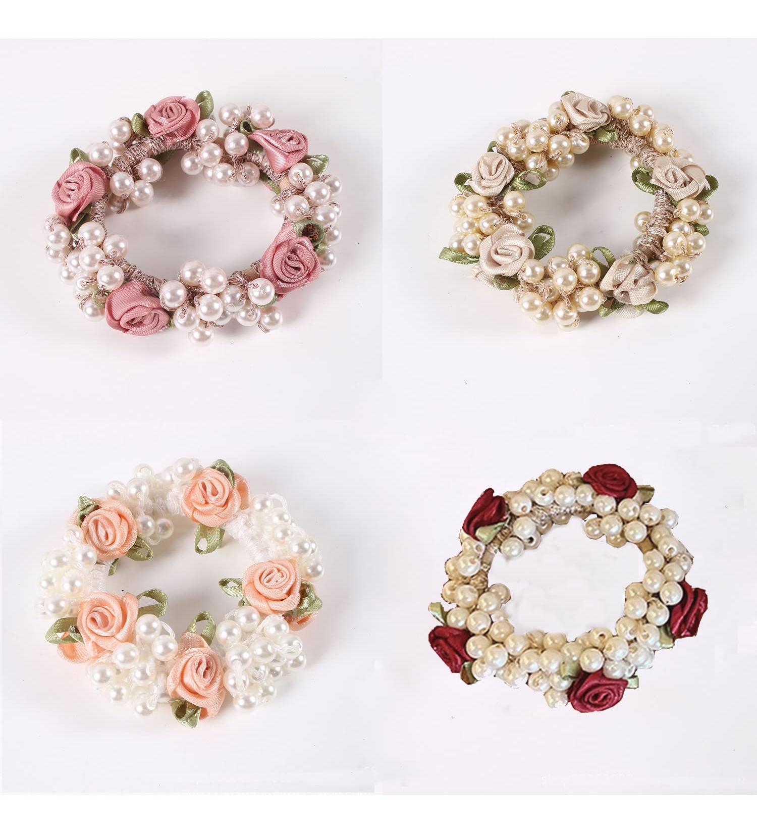DORIS&JACKY Crystal Hair Tie Ponytail Holder with Rhinestone Beads - Handmade Hair Accessories for Women & Girls (3-flower with pearl 4 pcs) - Buy Online on GoSupps.com