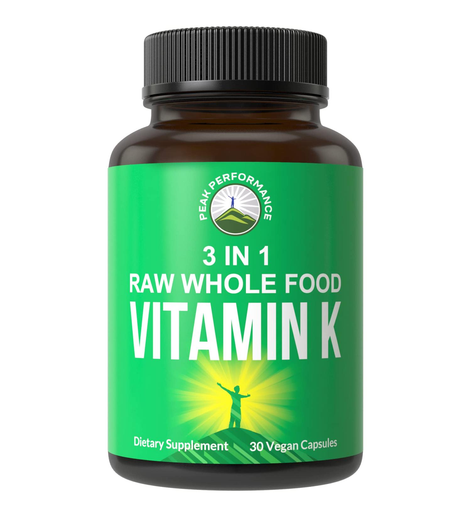 Peak Performance Raw Whole Food Vitamin K Capsules - Vegan Supplement with USA Sourced Vitamins K1, K-2 MK4, K2 Natto MK7 - 25 Vegetables + Fruits for Max Absorption - Buy Online on GoSupps.com