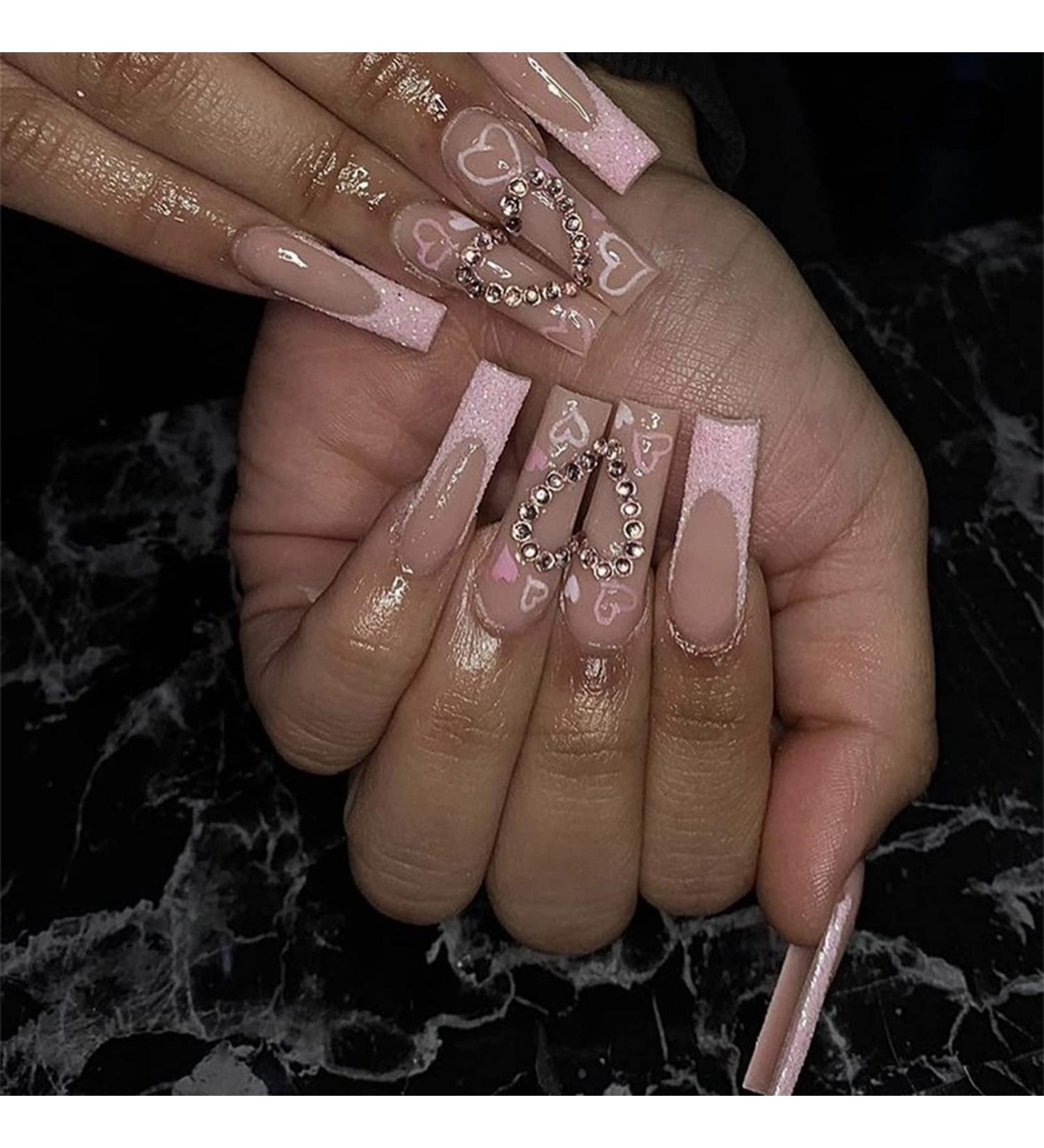 24pcs Long Coffin Ballerina False Nails with Glue - Full Cover Press on Cool Fake Nails for Women Girls - Splicing Heart Rhinestones Manicure - Buy Online on GoSupps.com