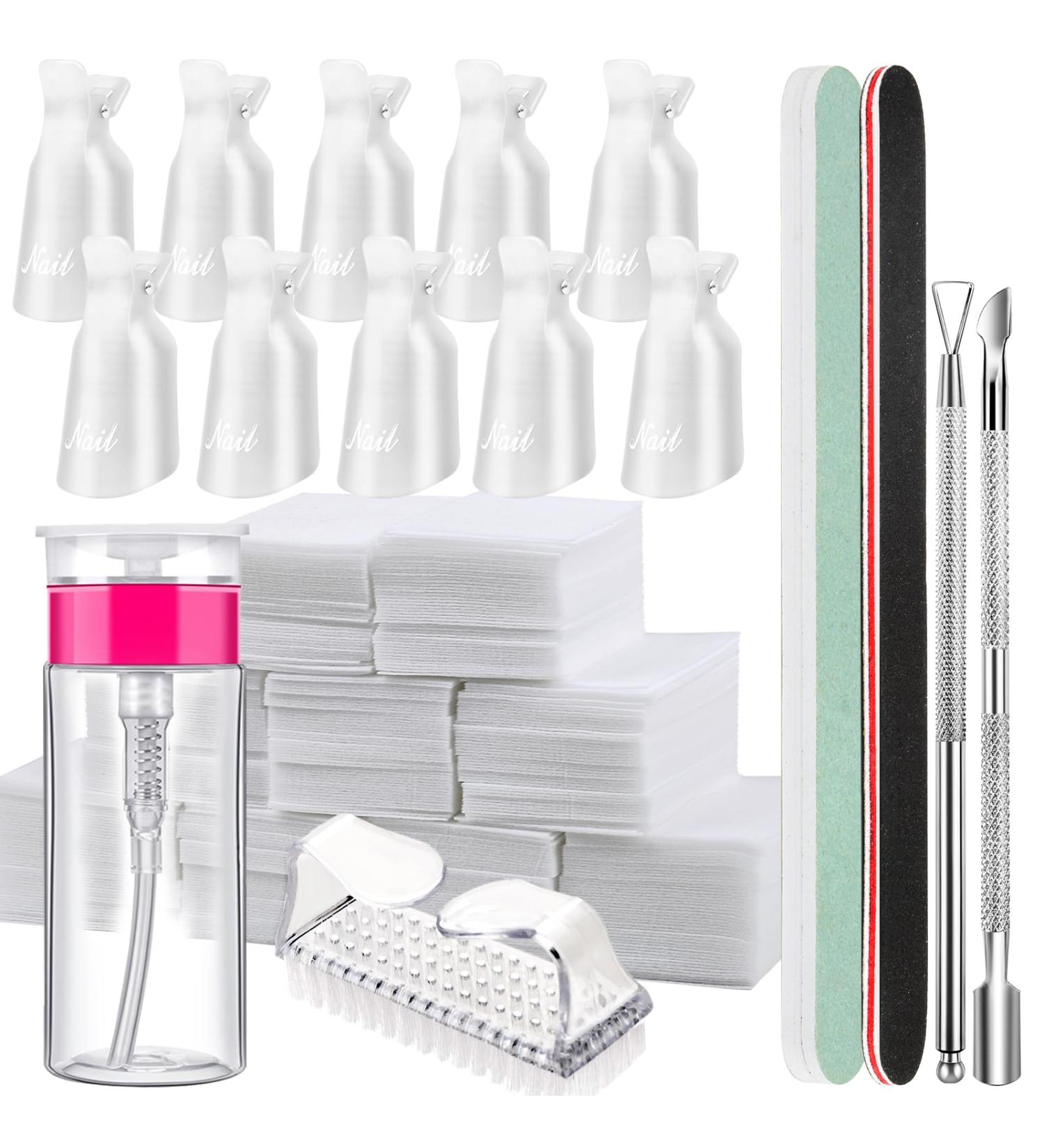 Fandamei Nail Polish Remover Tools Set - 500 Cotton Pads Nail Clips Stainless Steel Shaver File & Brush 100ml Pump Bottle - Essential Kit for Gel Nails - Buy Online on GoSupps.com