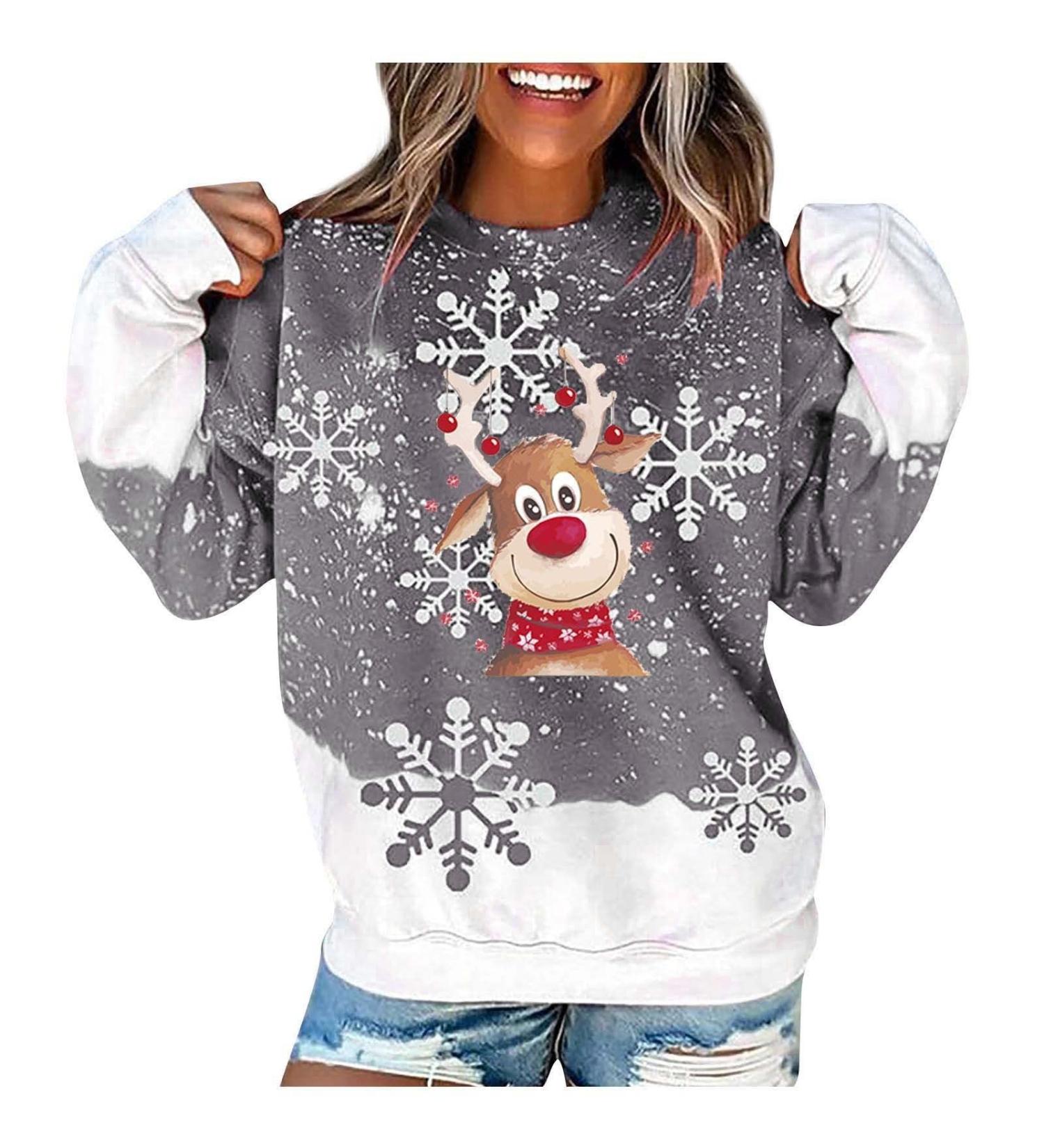 Women's Long-Sleeved Christmas Sweater - Grey Round Neck Sweatshirt with Holiday Motif | International Shipping Available - Buy Online on GoSupps.com