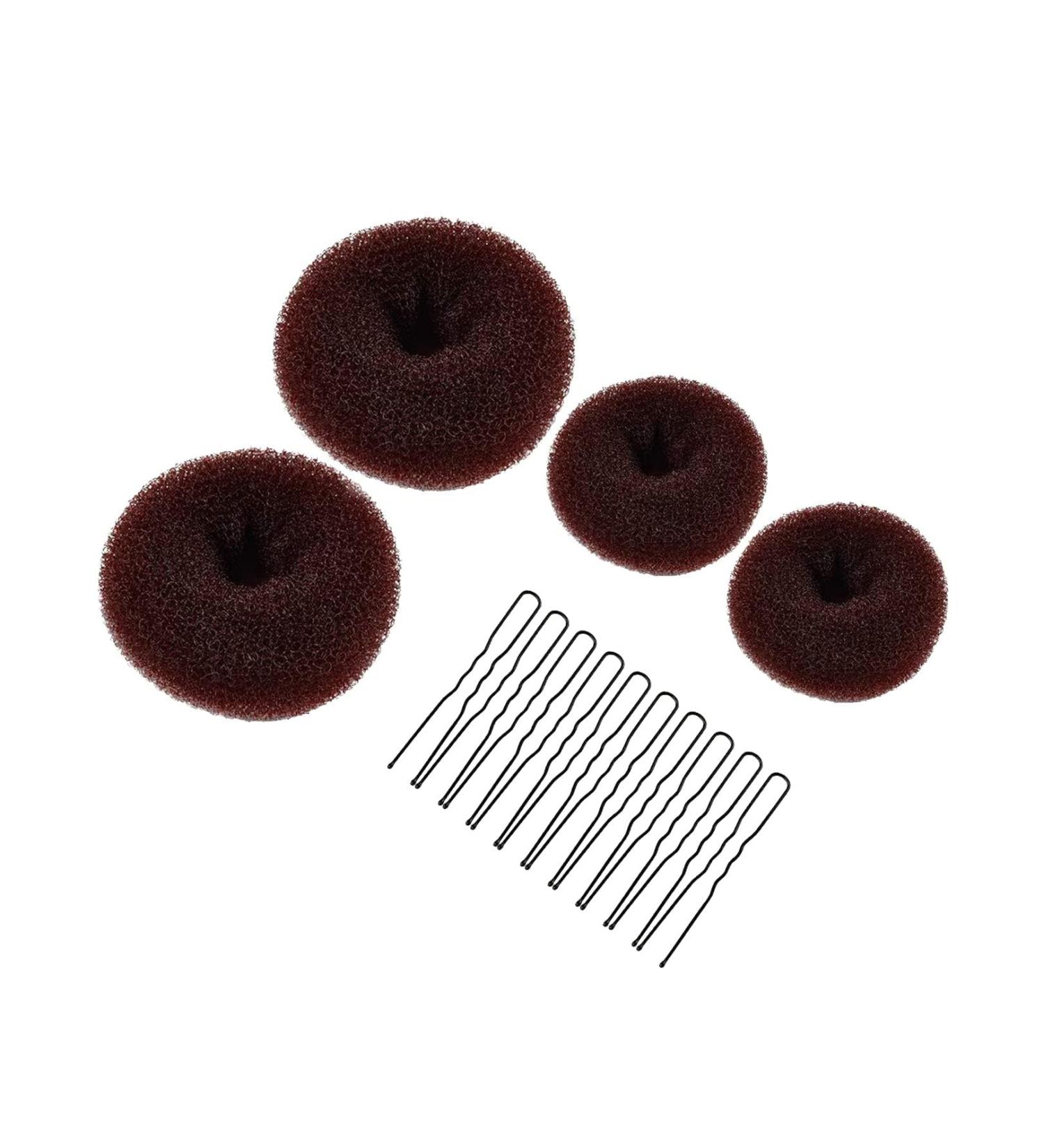 Hair Donut Bun Maker Set - 4 Pcs with 10 Hair Pins | 2 Size Bun Shaper Set for Chignon Hair Style - Brown - Buy Online on GoSupps.com