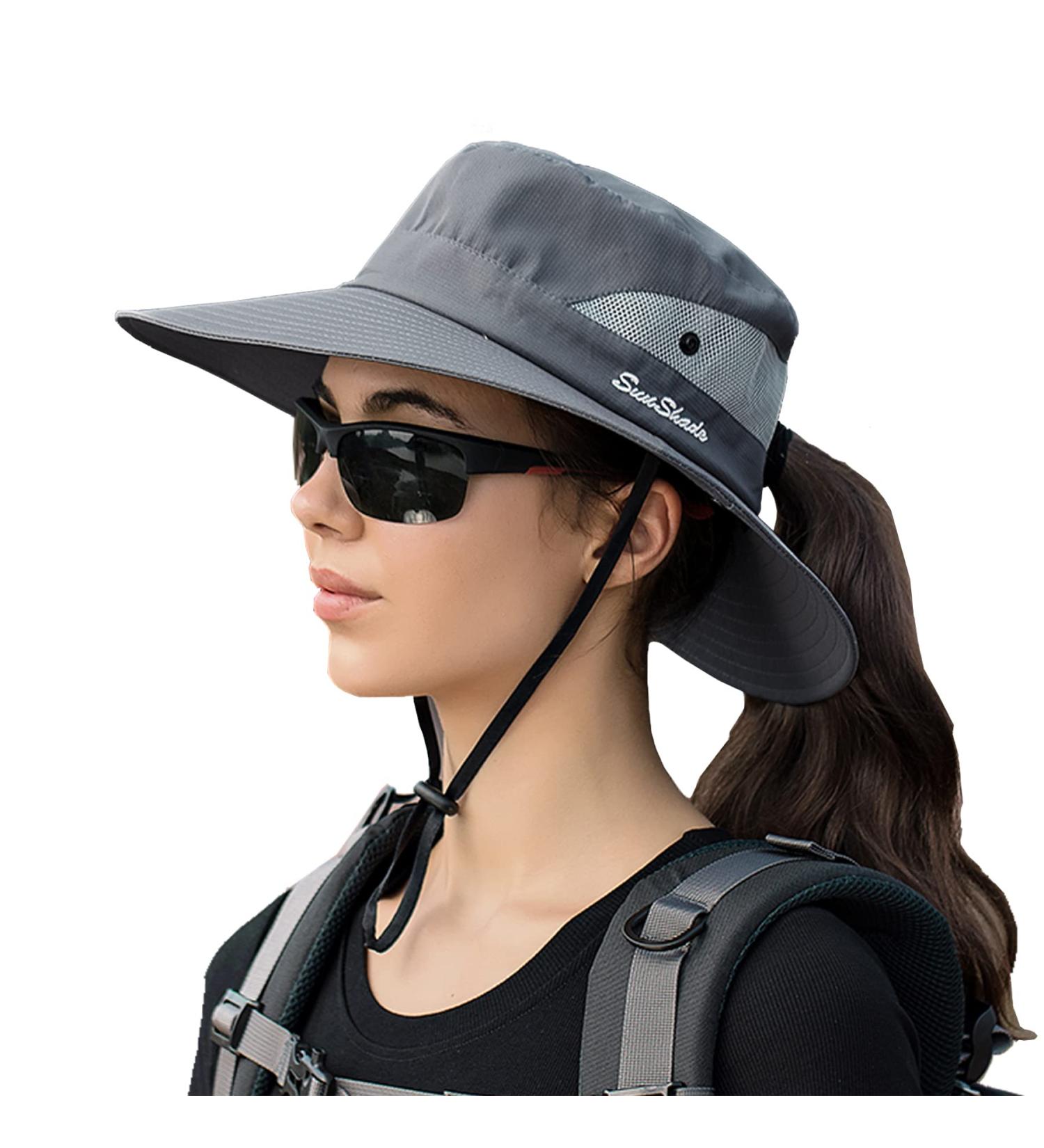 NPJY Sun Hat UPF 50+ Wide Brim Fishing Beach Bucket Hat Grey with Ponytail Hole for Women and Men - Buy Online on GoSupps.com