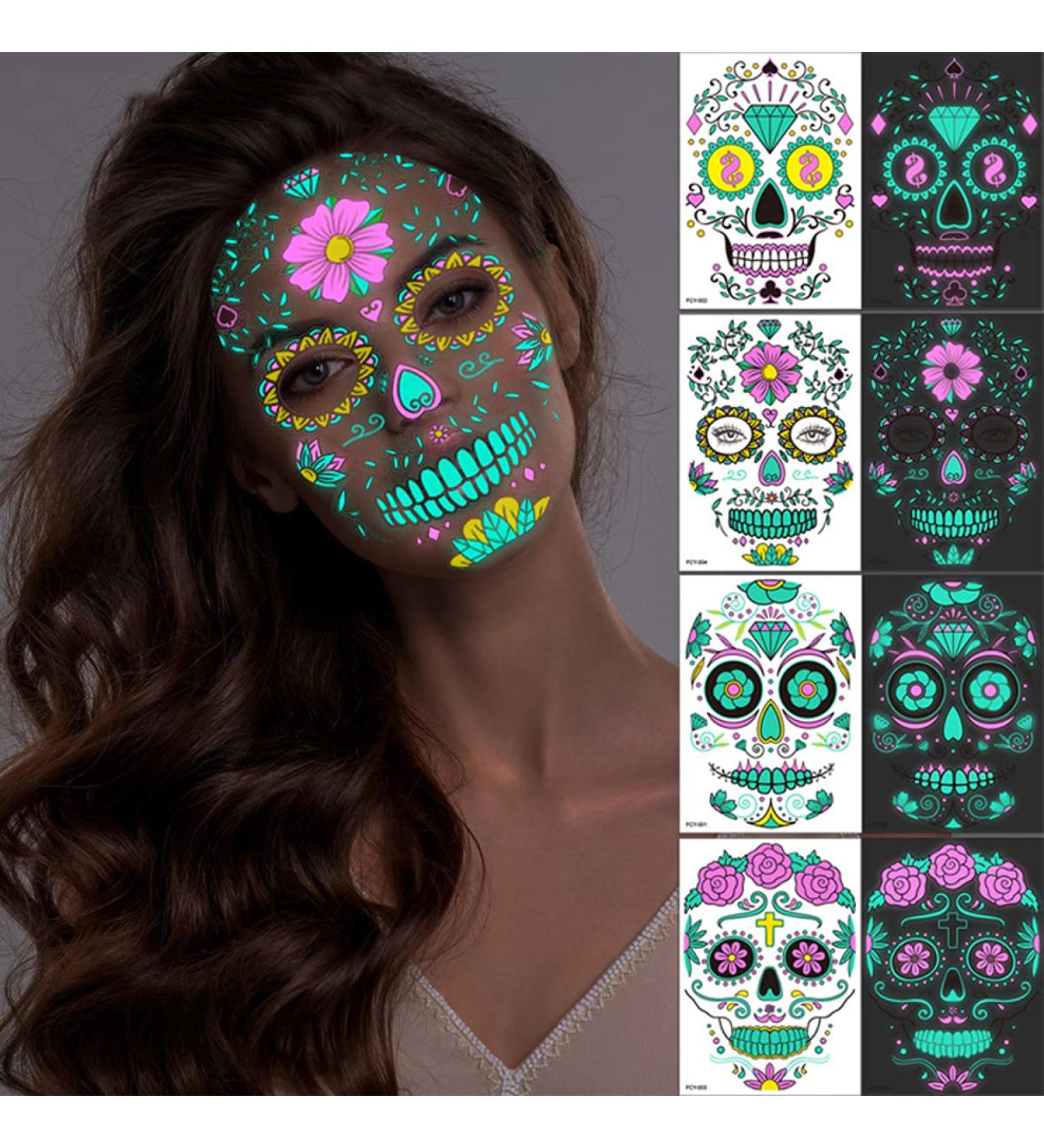 Halloween Luminous Temporary Tattoos Stickers - 4 Sheets Glow in Dark Sugar Skull Face Stickers for Adults & Kids - Waterproof 3D Facial Party Favors - Buy Online on GoSupps.com