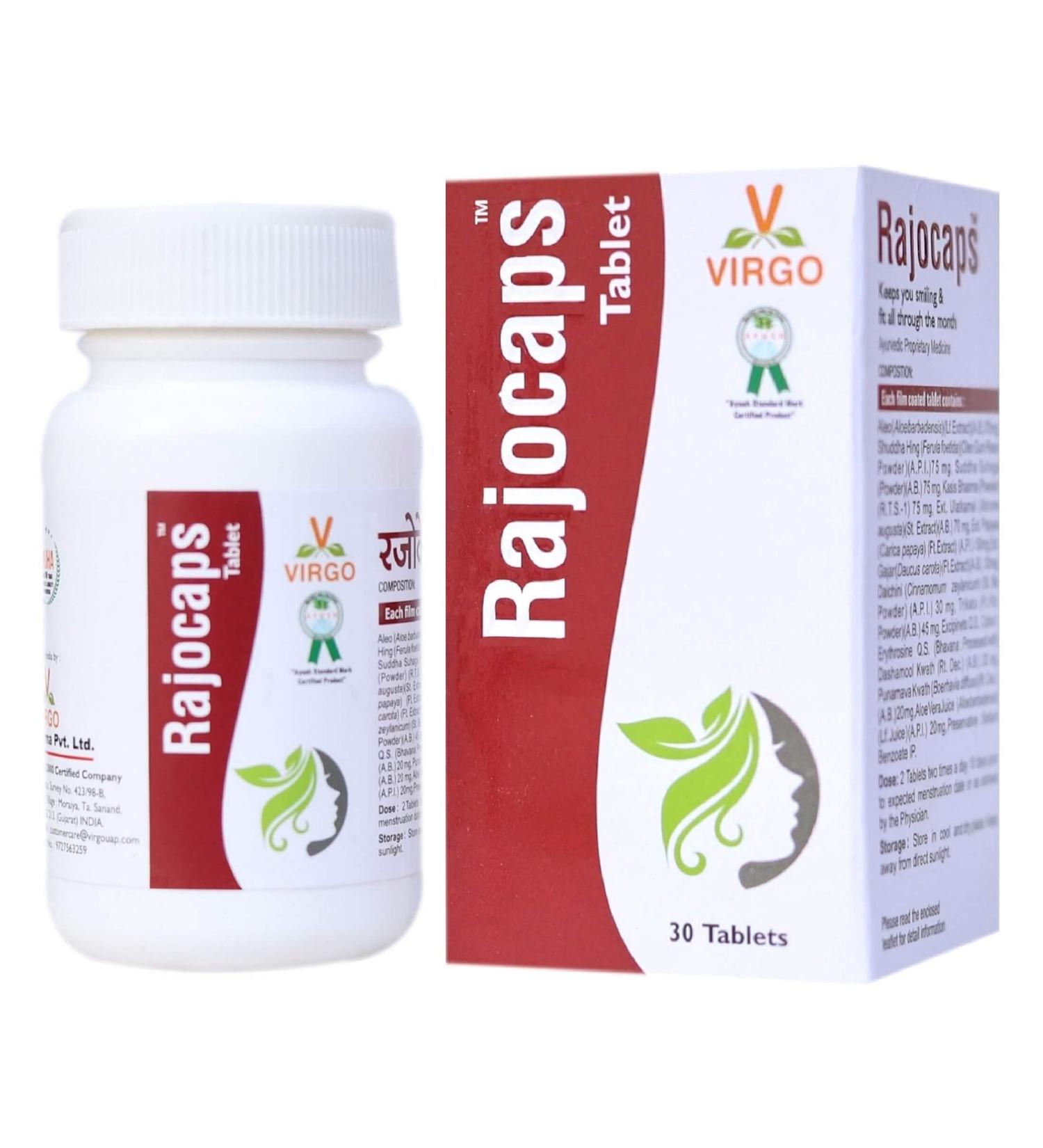 Virgo Rajocap Tablets (A Product by Unjha Ayurvedic Pharmacy - Virgo UAP) - With Goodness of Aloe Vera Juice Shudhdha Hing Shudhdha Suhaga Kasis Bhasma Dalchini Dashamool Kwath Punarnava Kwath - Buy Online on GoSupps.com