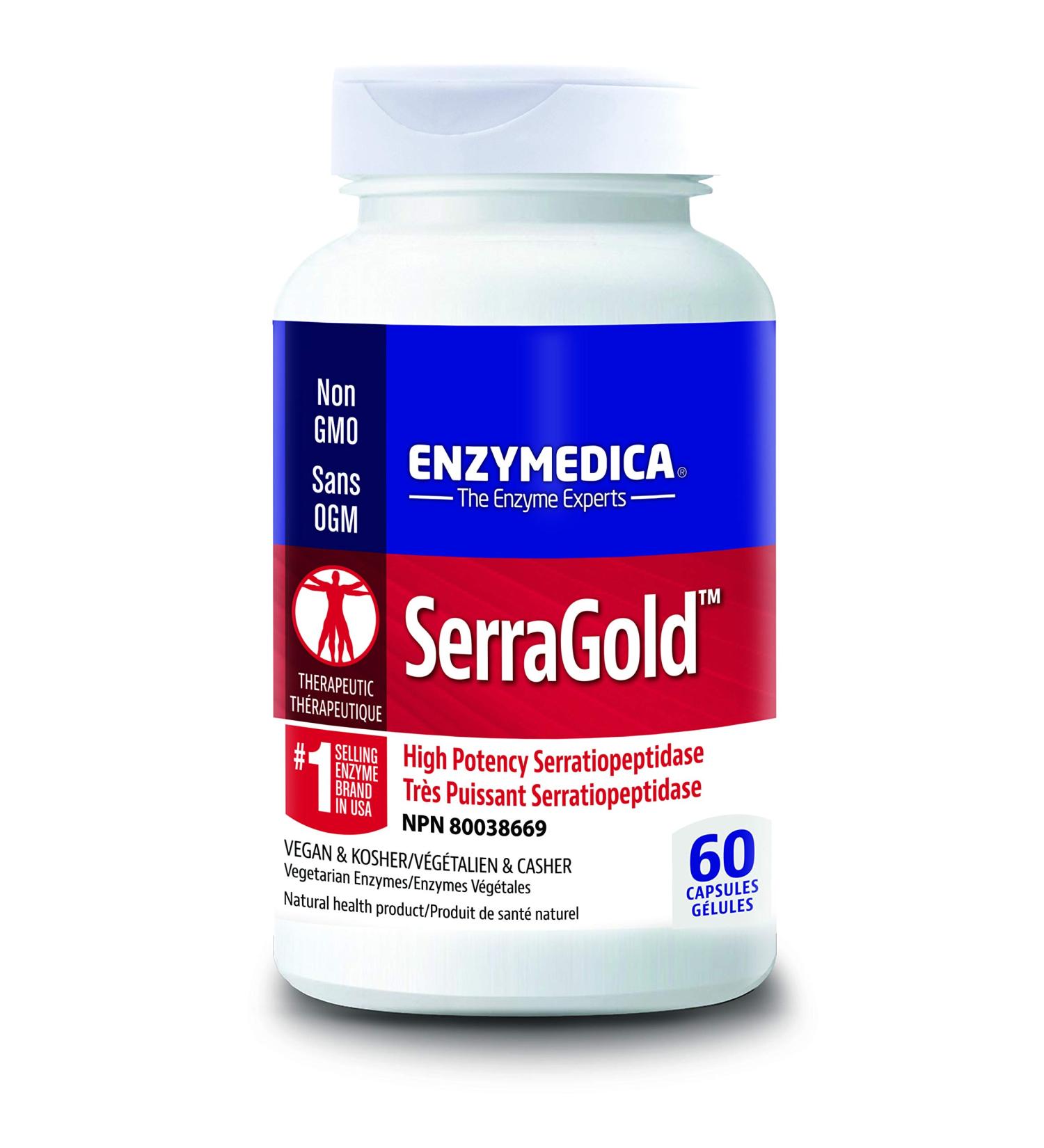 Enzymedica - SerraGold 60 Capsules - High Potency Serrapeptase Enzymes - Promotes Recovery Circulation & Cardiovascular Function - Supports Mobility Sinus Health and Immune System - Buy Online on GoSupps.com