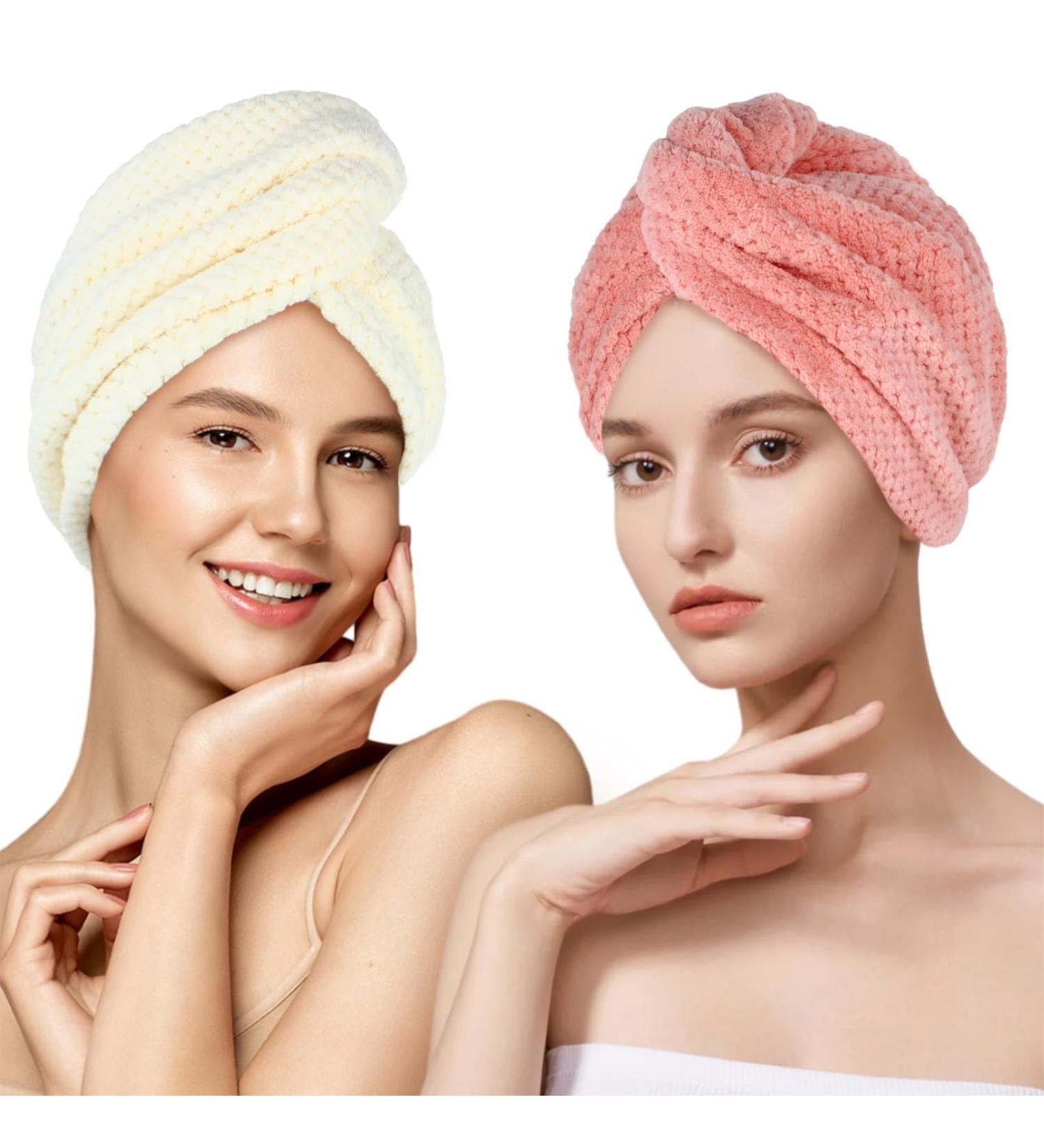 Super Absorbent Hair Towel Wrap for Long & Thick Hair - Pineapple Plaid Design Turban Head Wrap for Women (Beige & Light Pink) - International Shipping Available - Buy Online on GoSupps.com