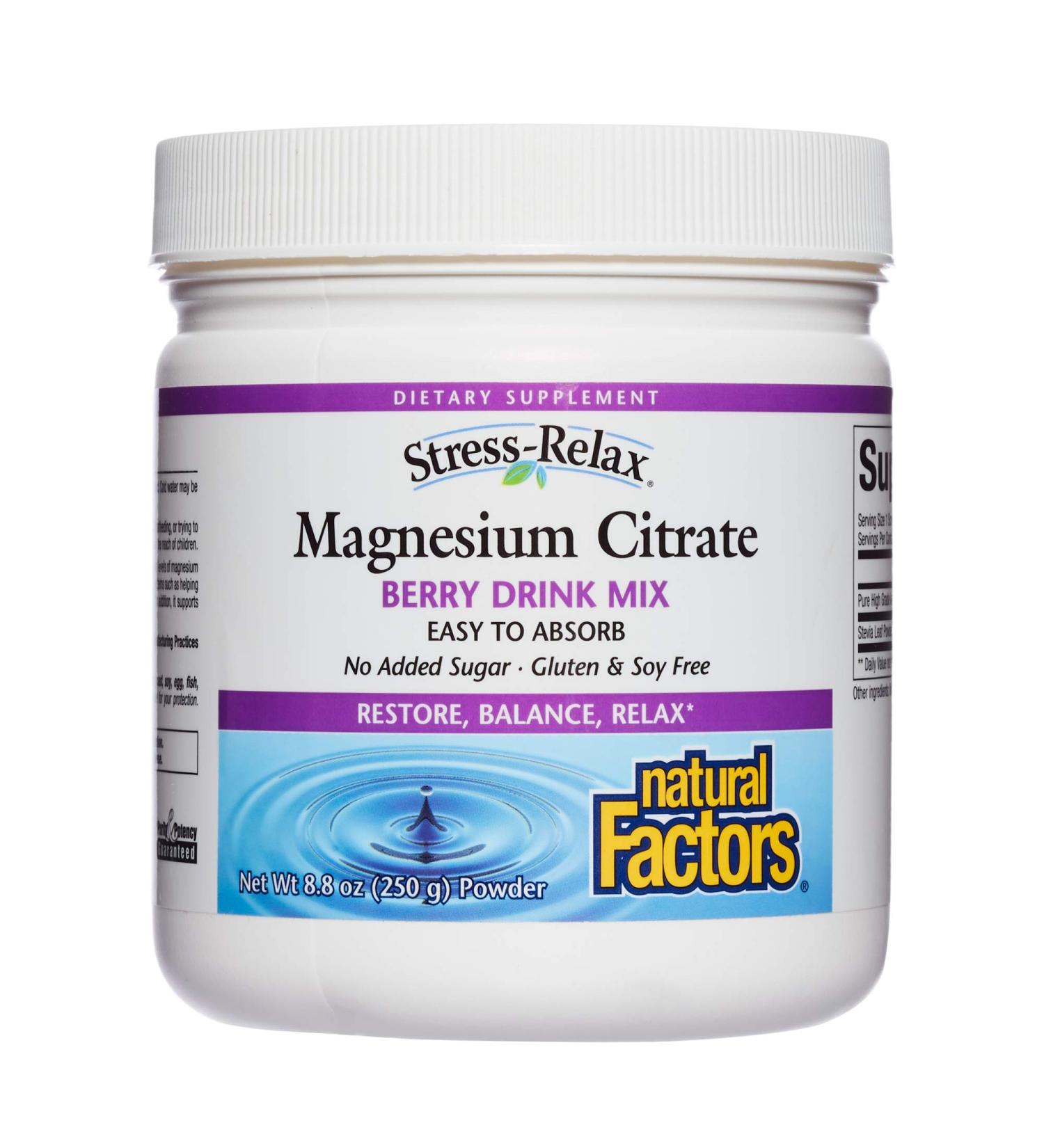 Natural Factors Stress-Relax Magnesium Citrate Berry Drink Mix | 8.8 oz (250 g) - Calm & Energize Your Day - Buy Online on GoSupps.com
