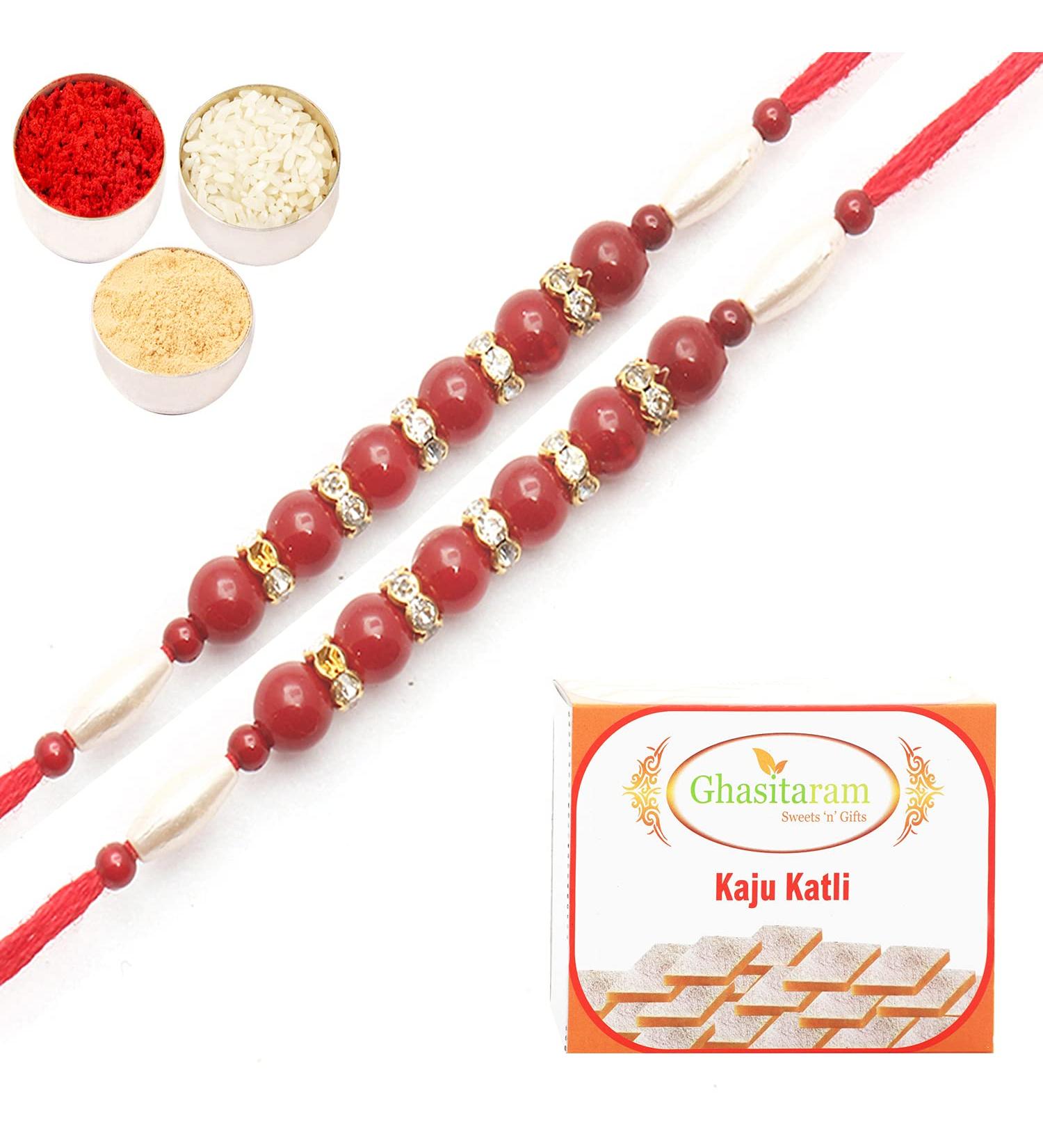 Ghasitaram Gifts Rakhi for Brother Rakhis Online- Set of 2-666 Fancy Thread Rakhi with 200 GMS of Kaju katli - Buy Online on GoSupps.com