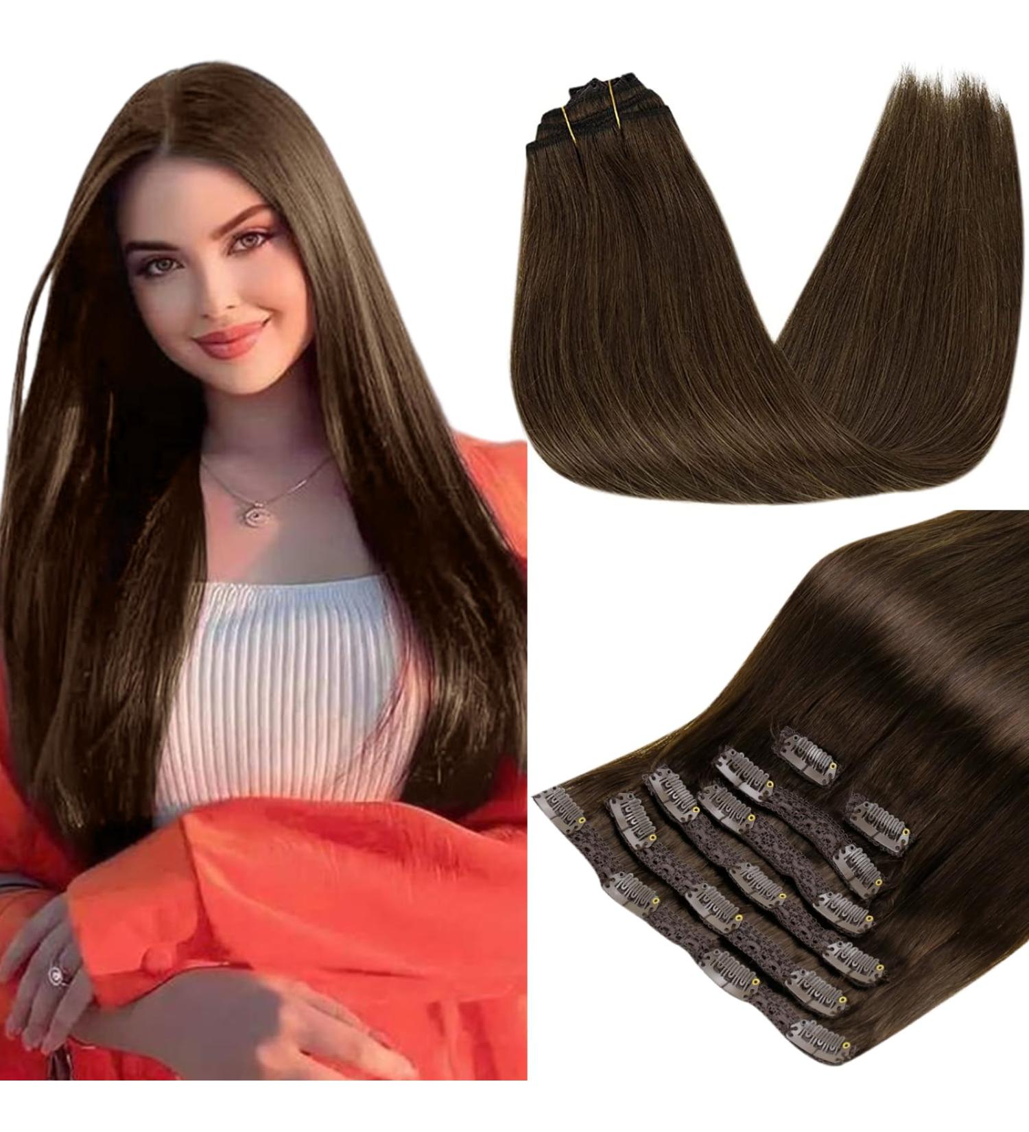 RUNATURE Real Hair Clip-in Extensions 50cm - Brown Seamless 120g #4 | 7PCS Clip-in Hair Extensions - Buy Online on GoSupps.com