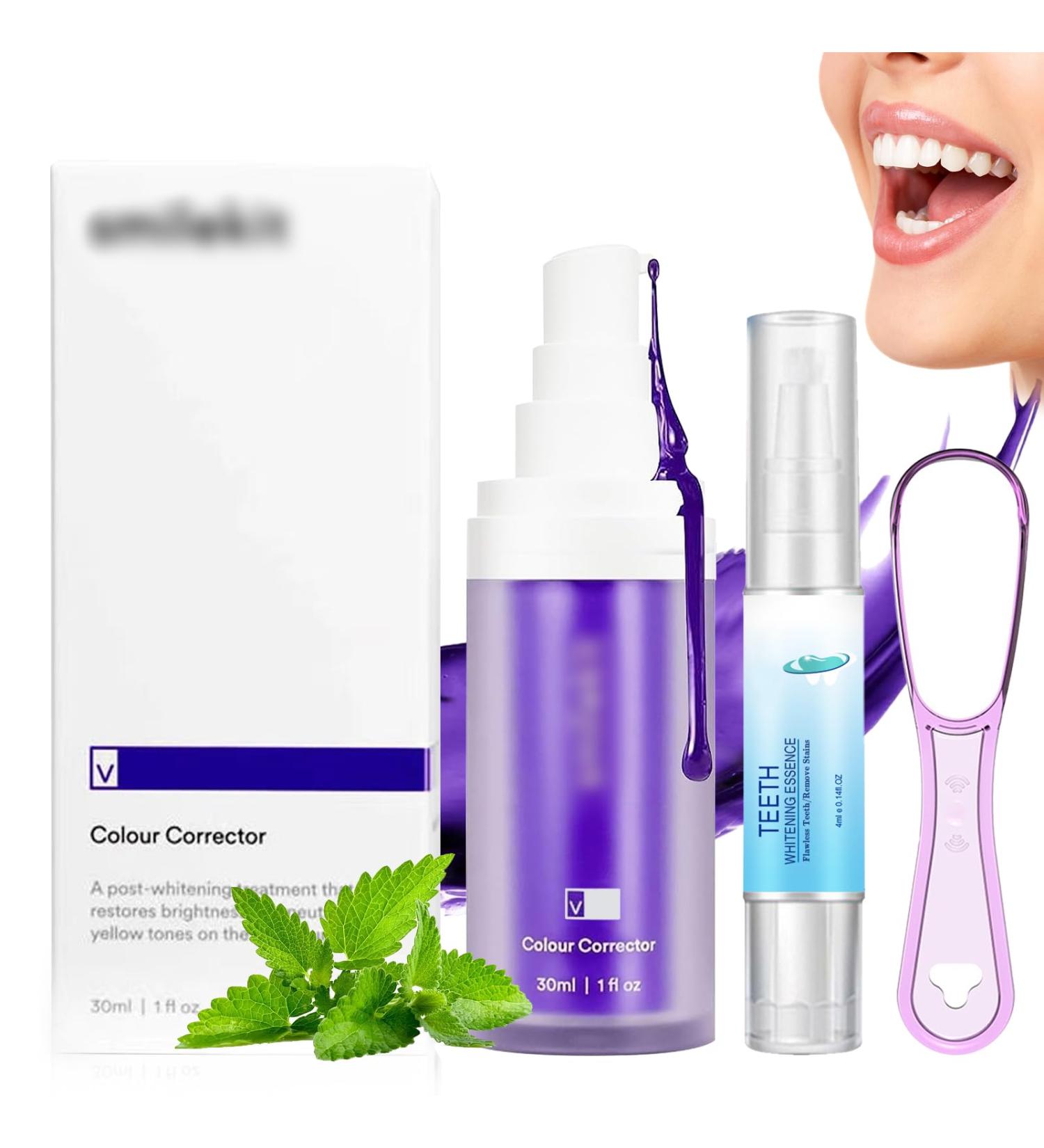 Purple Toothpaste for White Teeth | Teeth Color Corrector & Whitening Serum | Violet Toothpaste with Tongue Scraper - Buy Online Worldwide - Buy Online on GoSupps.com
