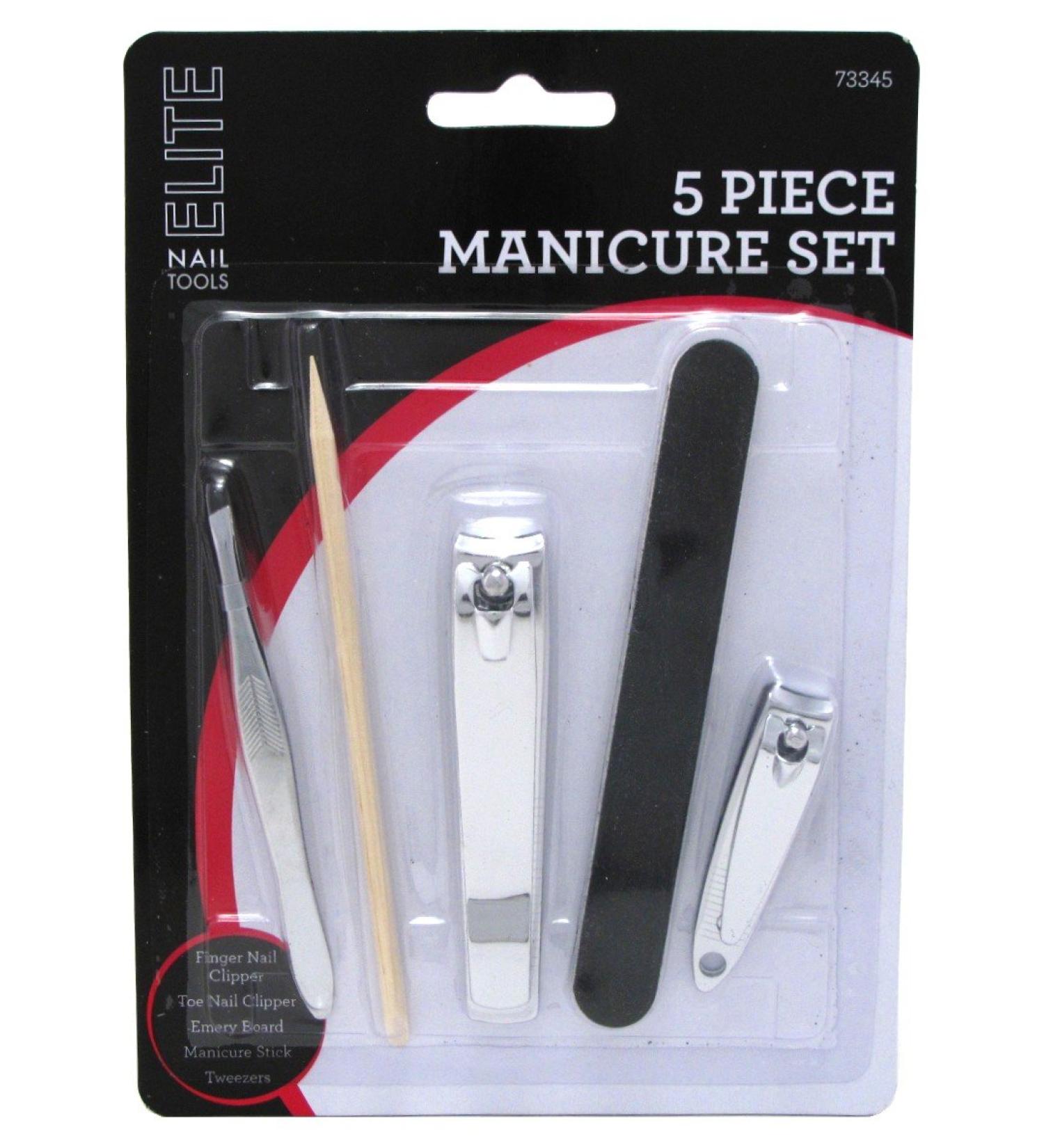 5 Piece Manicure Pedicure Set - Includes Bamboo Sticks Emery Board Stainless Steel Nail and Toe Clippers Cuticle Remover