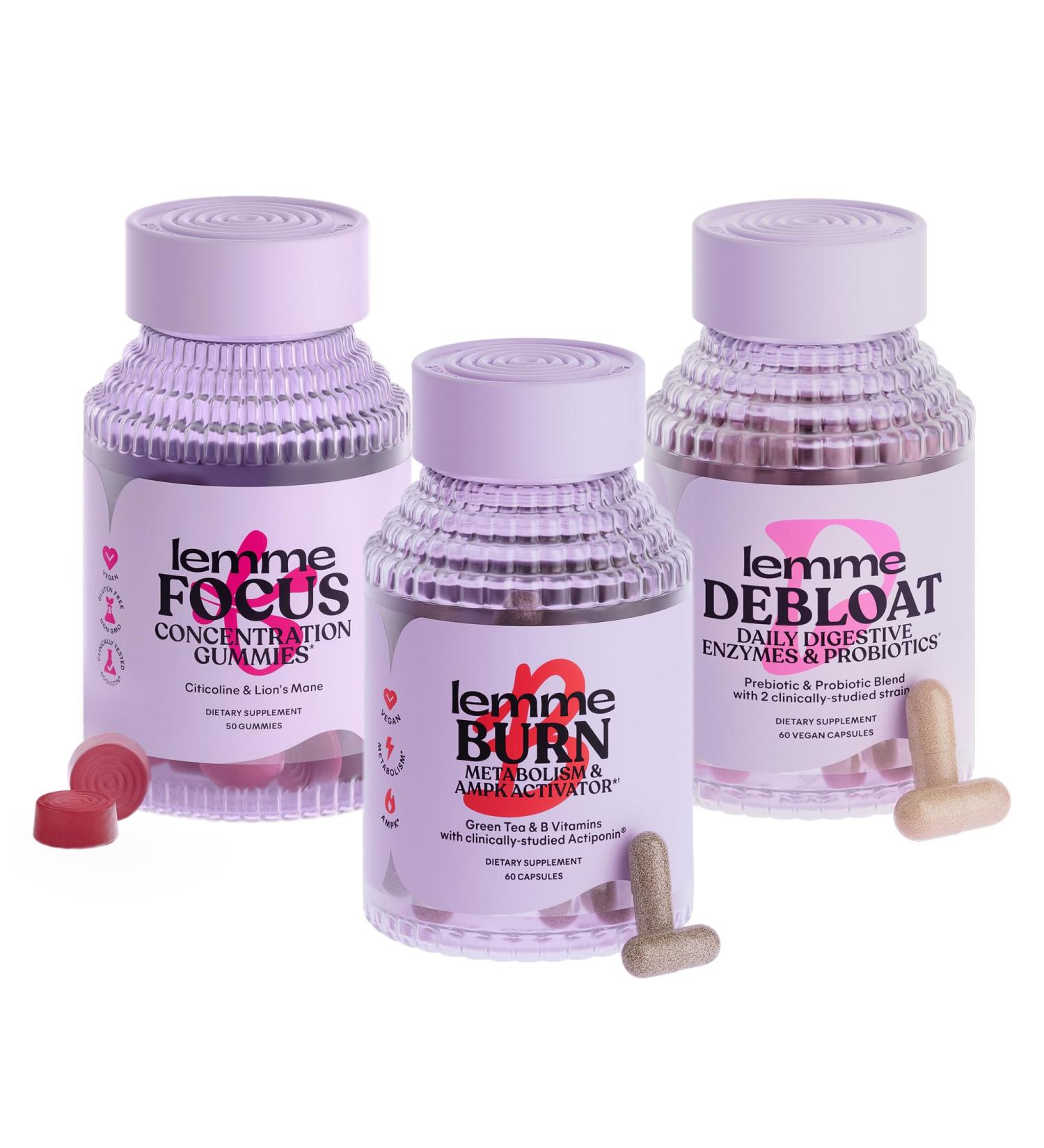 Lemme Burn Debloat & Focus Bundle | Metabolism & Fat Burning + Bloating & Gas Relief Capsules + Focus & Brain Health Gummies | Gluten-Free Non-GMO | 60 Count Capsules & 50 Count Gummies - Buy Online on GoSupps.com