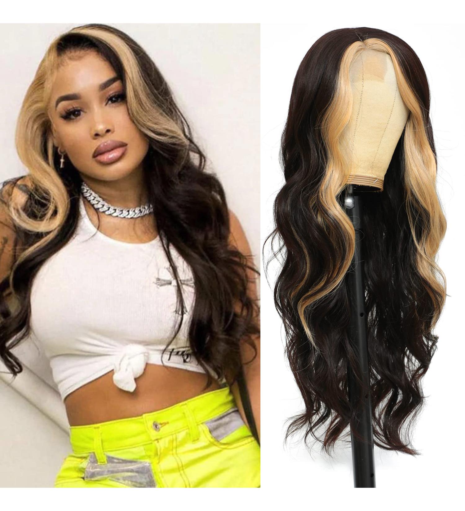 Long Wavy Black Highlighted Synthetic Lace Wig 28inch | Heat Resistant Curly Wavy Blonde Streaks | Side Part Natural Color - Buy Online on GoSupps.com