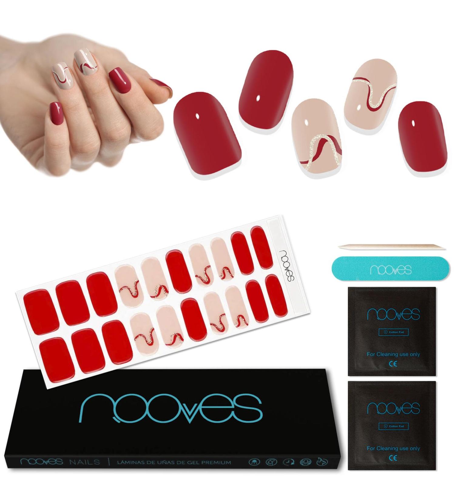  NOOVES NOOVES - Set of 20 Gel Nail Sheets - Red Waves - Nail Art | Set of 20 Premium Semi-Cured Gel Stickers - 1 Nail File and 1 Orange Stick - Vegan - Buy Online on GoSupps.com