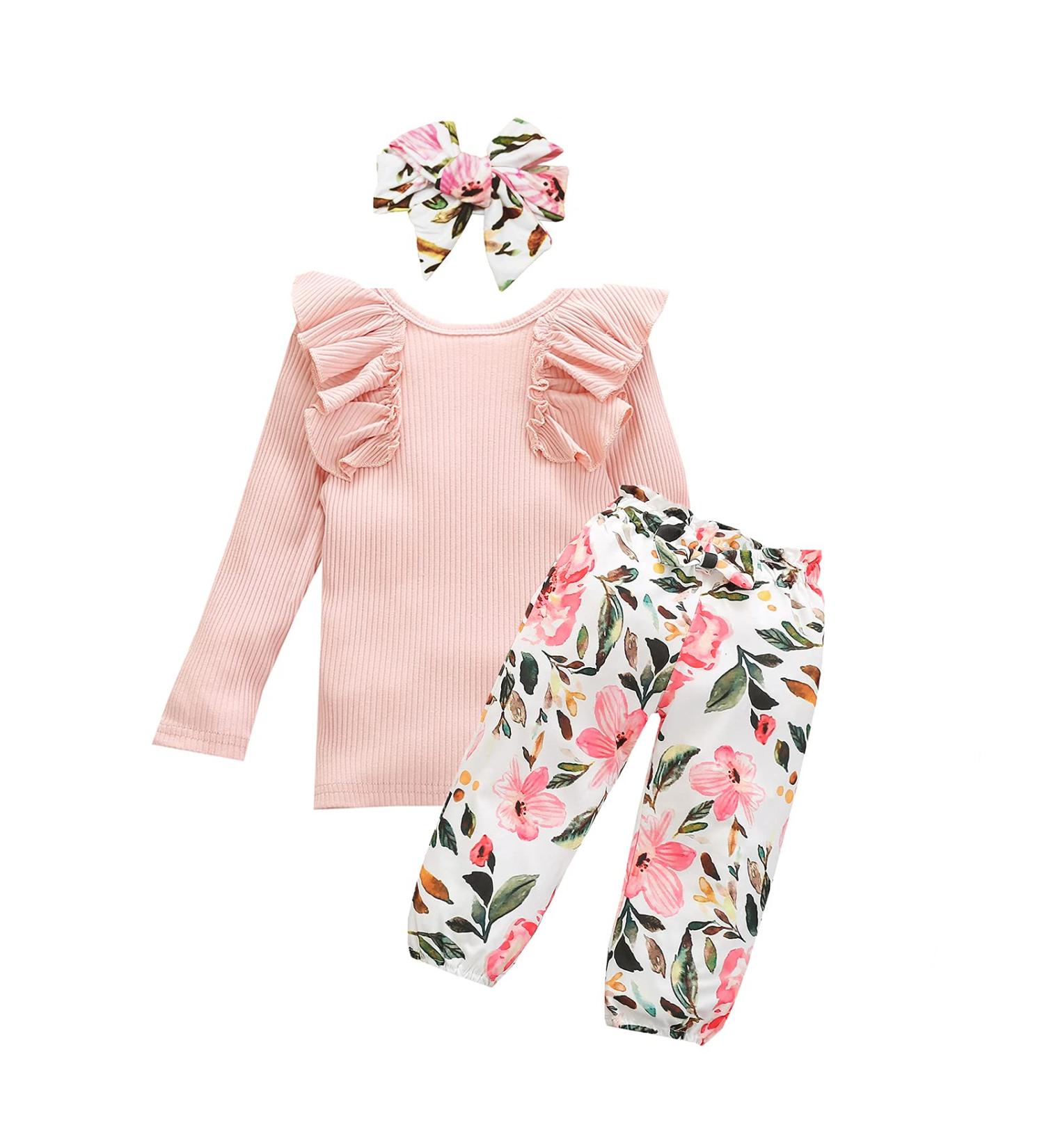 OFIMAN Toddler Baby Girl Outfits Set | Long Sleeve Ruffle Tops + Floral Pants + Bow Headband | 2-3 Years, Long-pink - Buy Online on GoSupps.com
