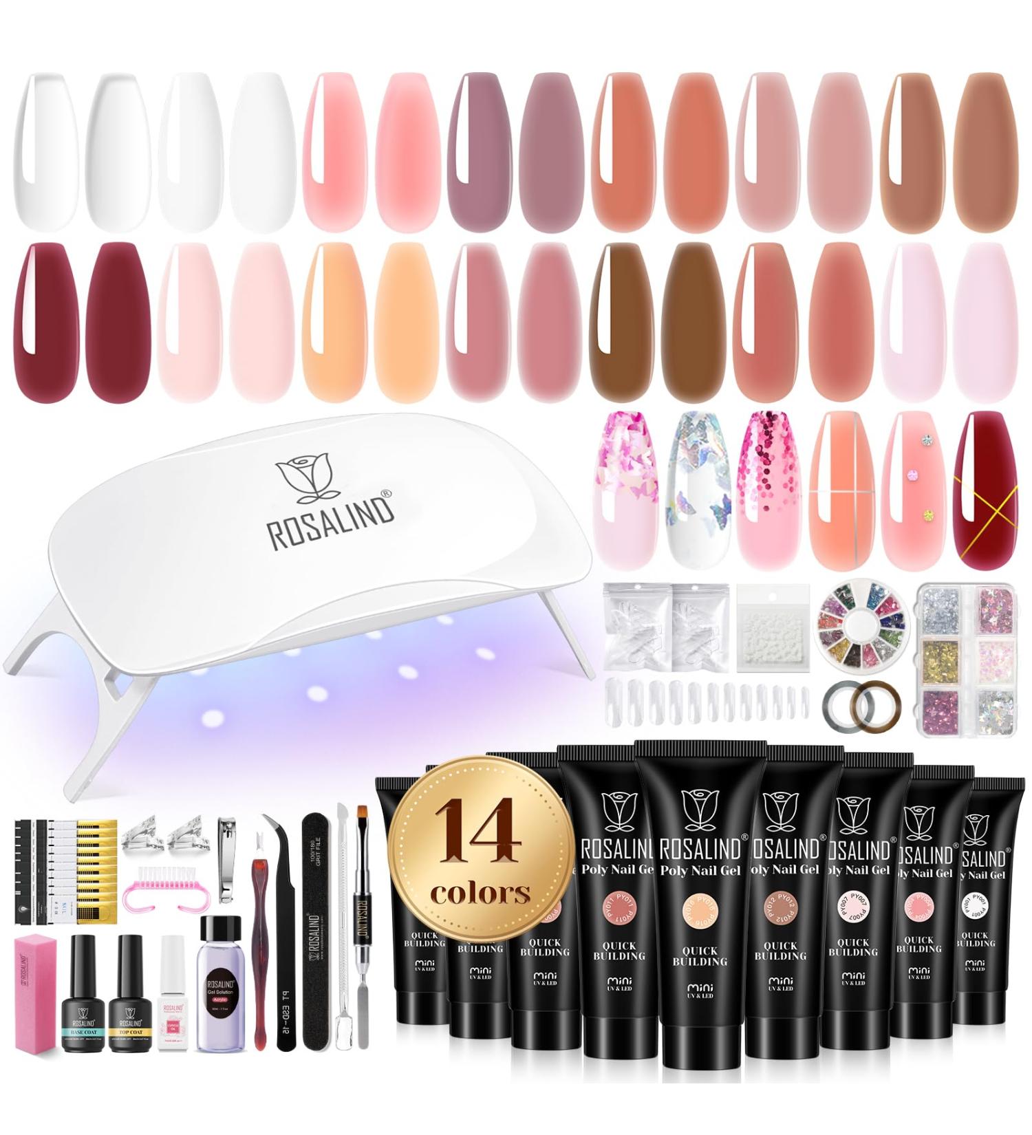 ROSALIND Poly Nail Gel Kit 14 Colors + 72 Nail Art Accessories | Clear & Nude Poly Nails Starter Set with Mini UV Lamp - Buy Online on GoSupps.com