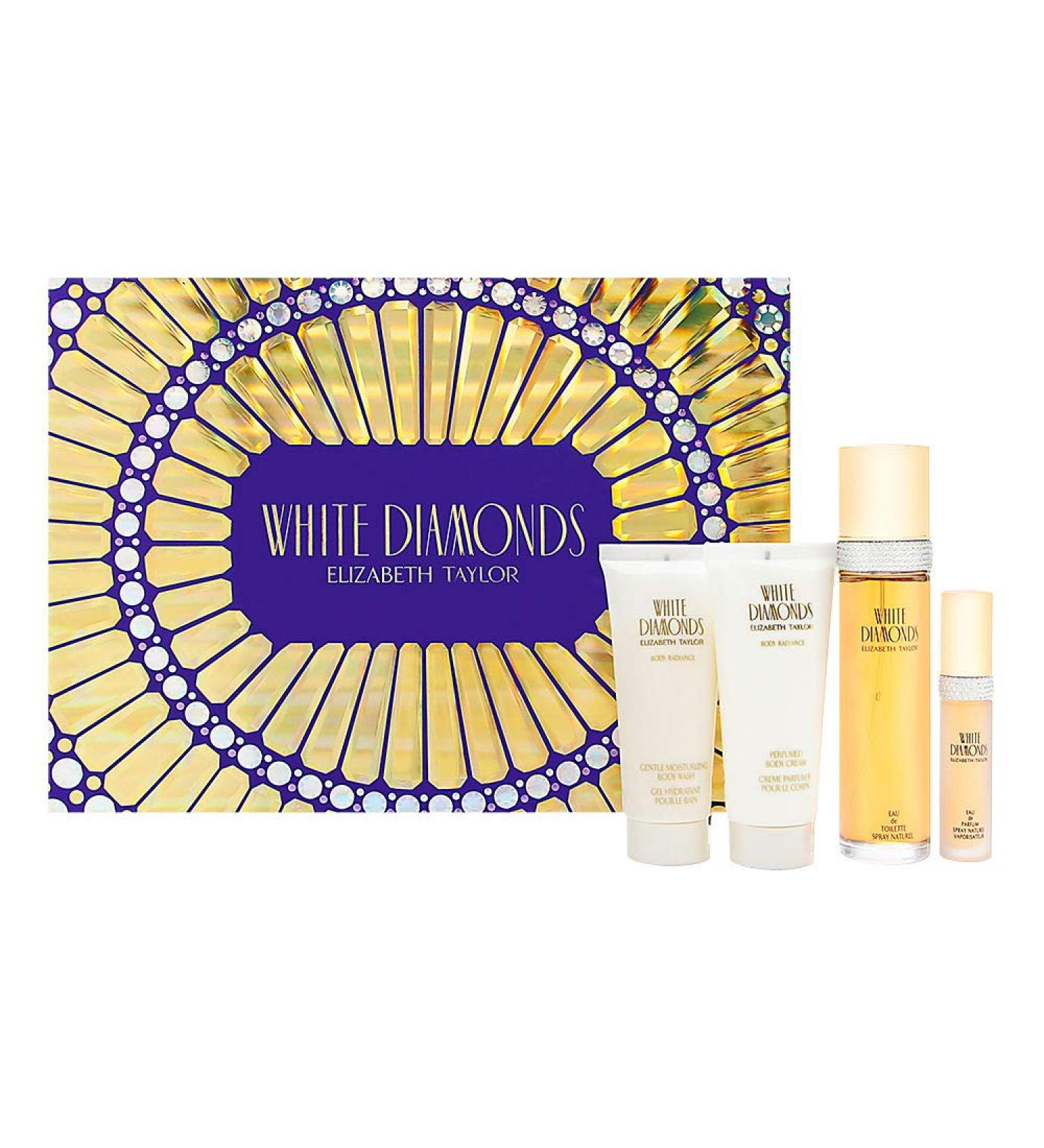 White Diamonds by Elizabeth Taylor for Women - 4 Pc Gift Set 3.3oz EDT Spray 3.3oz Gentle Moisturizing Body Wash 3.3oz Perfumed Body Lotion 10ml EDT Spray - Buy Online on GoSupps.com