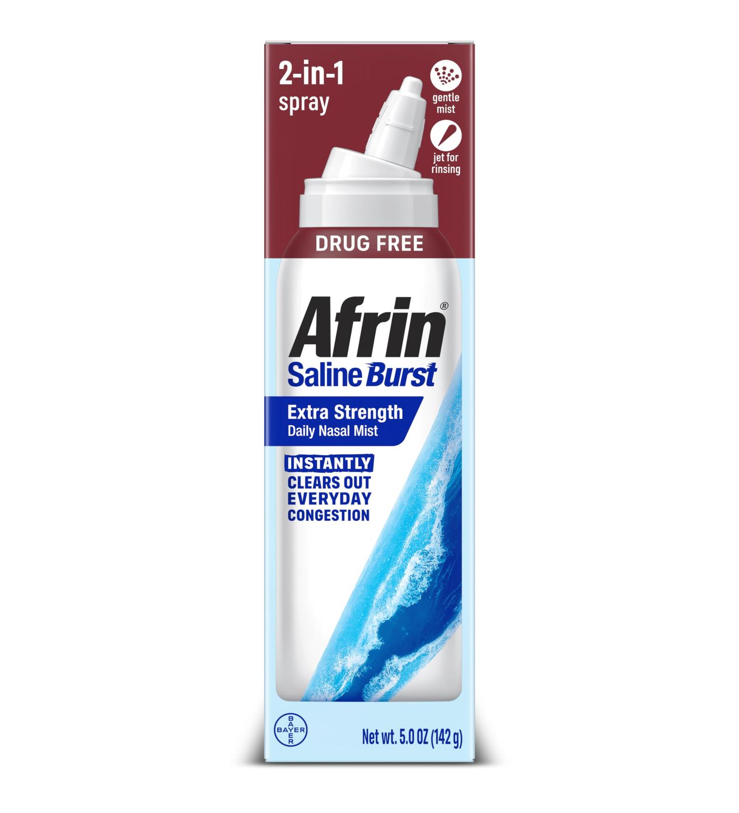 Afrin Saline Burst Extra Strength Daily Nasal Mist, Nose Spray for Everyday Congestion Relief, Hypertonic Seawater Saline Nasal Spray with Dual Nozzle, Drug Free Sinus Rinse, 5 oz - Buy Online on GoSupps.com