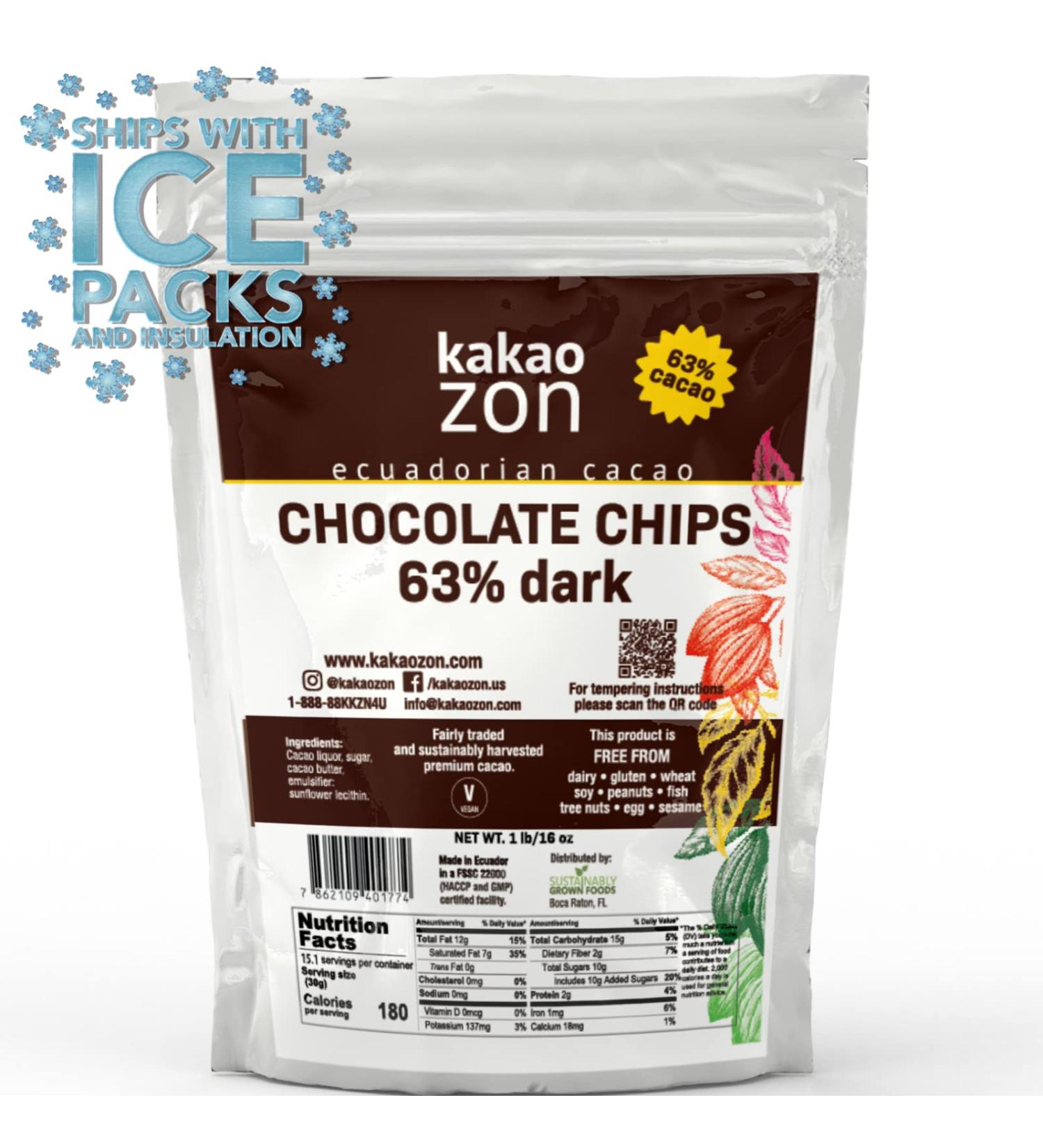 KakaoZon 63% Dark Chocolate Chips - Gluten-Free, Vegan, Non-GMO - 2.2 lbs (1 kg) Directly Traded - Allergen-Free - Pack of 1 - Buy Online on GoSupps.com