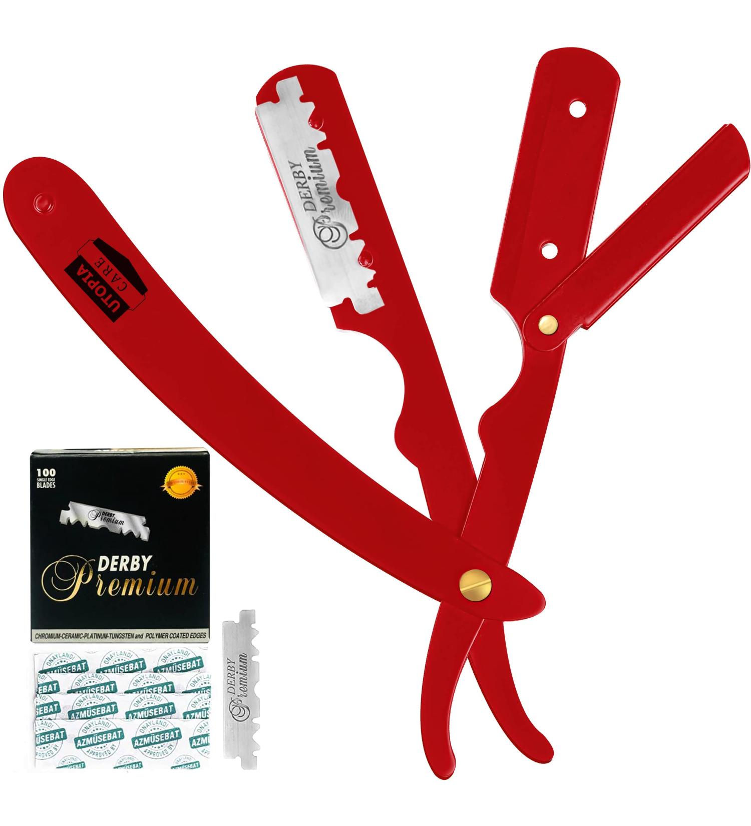 Utopia Care Professional Barber Razor - Stainless Steel Straight Edge with 100 Derby Blades (Red) - Buy Online on GoSupps.com