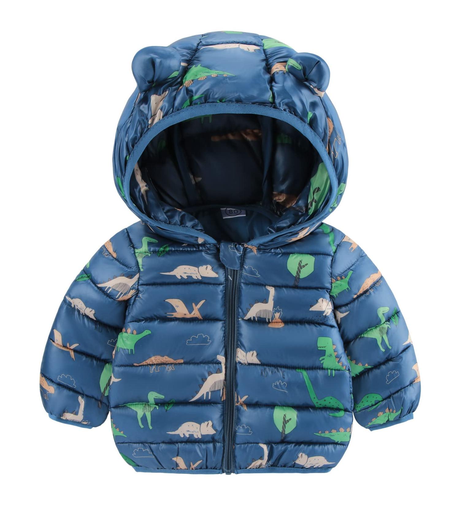 Baby Puffer Jacket Toddler Winter Coat | Hooded Outerwear for Boys and Girls | Lightweight and Padded | Blue Dinosaur Design | 1-2 Years - Buy Online on GoSupps.com