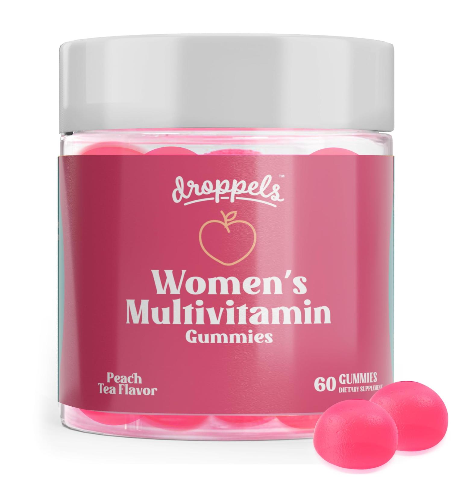Droppels Women's Multivitamin Gummies with Folic Acid, Vitamins A, D, C, E, K, B6, B12, Biotin & More | Vegan, Non-GMO & Pectin-Based Daily Vitamins for Women | Peach Tea Flavor, 60 Count - Buy Online on GoSupps.com