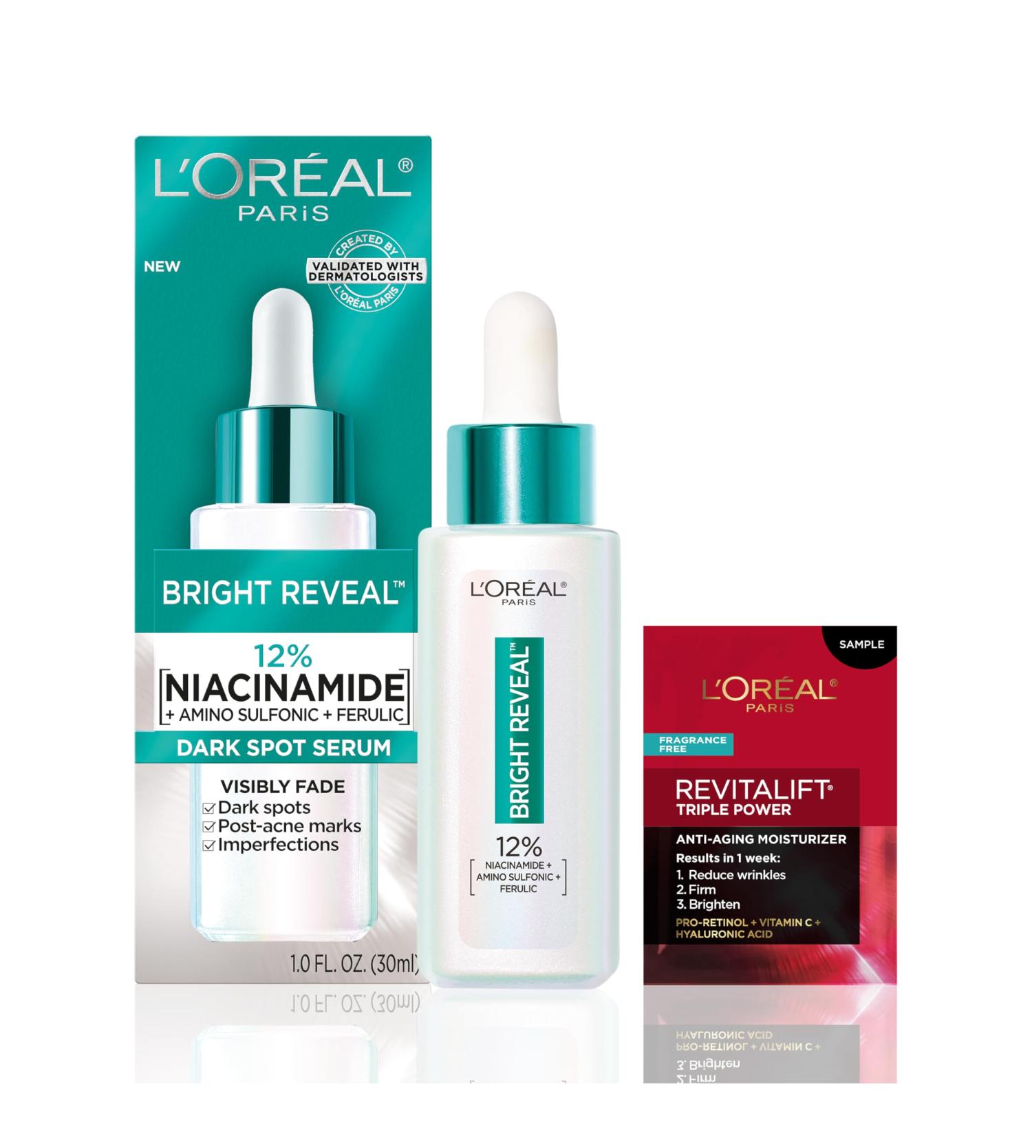 L Or al Paris Bright Reveal 12% Niacinamide + Amino Sulfonic + Ferulic Dark Spot Serum 1oz + Moisturizer Sample - Buy Online on GoSupps.com